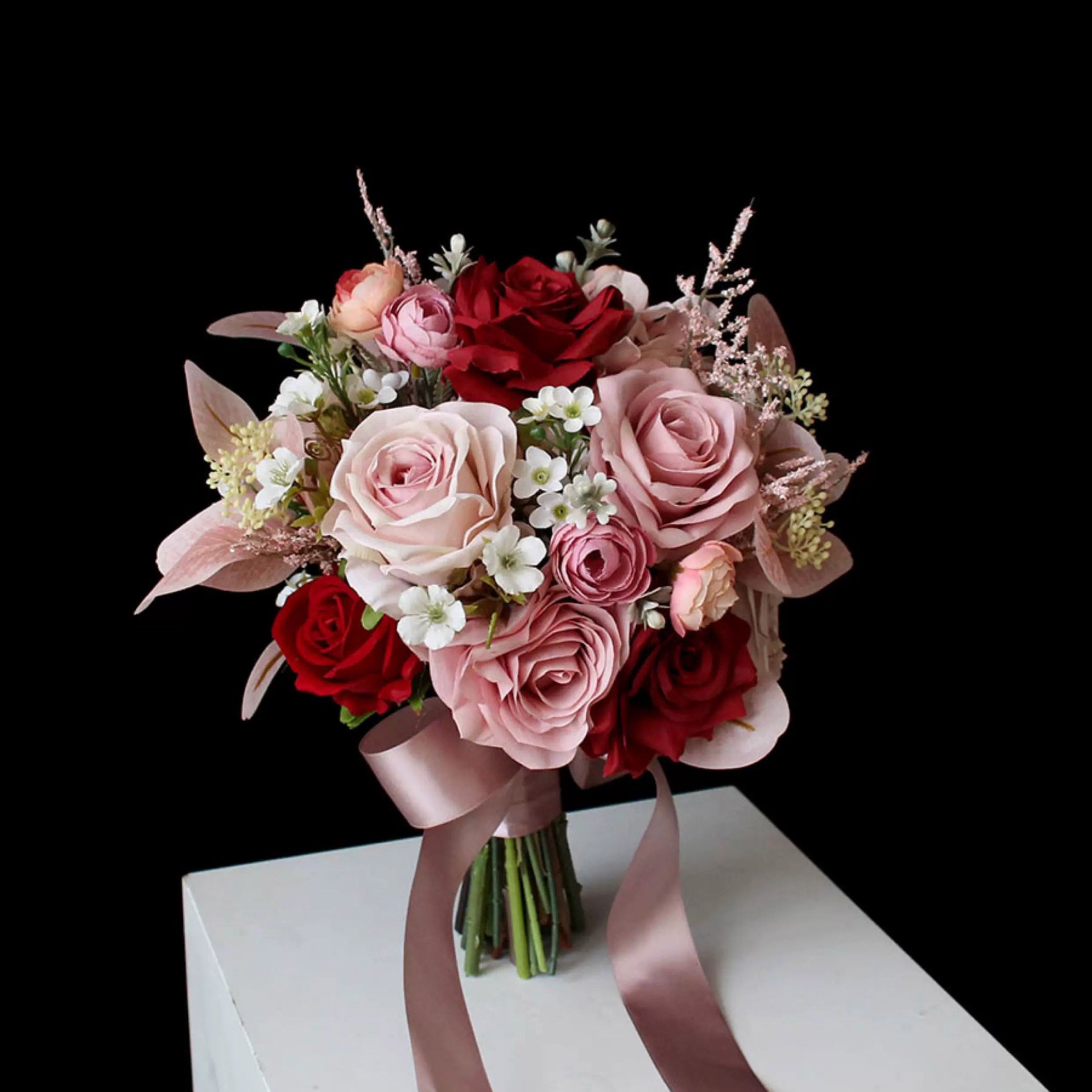 Roseytime Bride/Bridesmaid Bouquet in Red&Dusty Pink Artificial Flowers