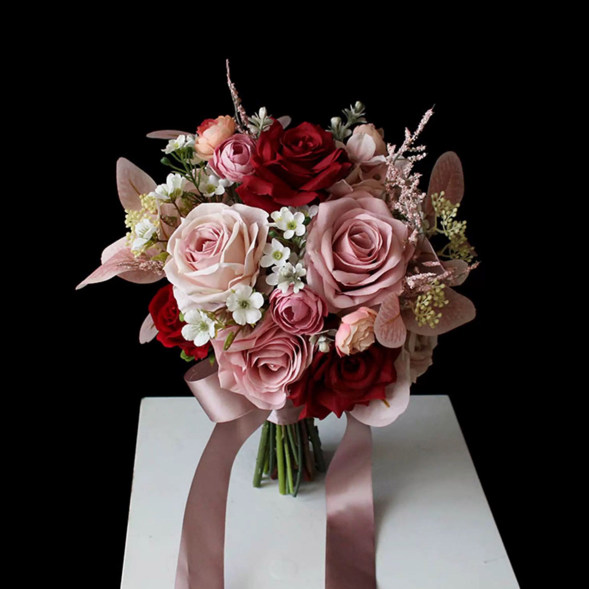 Roseytime Bride/Bridesmaid Bouquet in Red&Dusty Pink Artificial Flowers