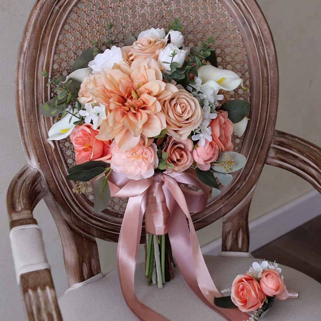 Roseytime Bride/Bridesmaid Bouquet in Peach Fuzz Artificial Flowers