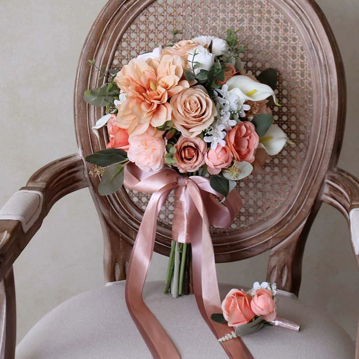 Roseytime Bride/Bridesmaid Bouquet in Peach Fuzz Artificial Flowers