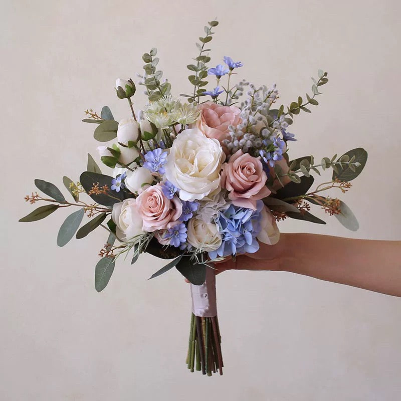 Roseytime Bride/Bridesmaid Bouquet in Blue&Dusty Pink Artificial Flowers