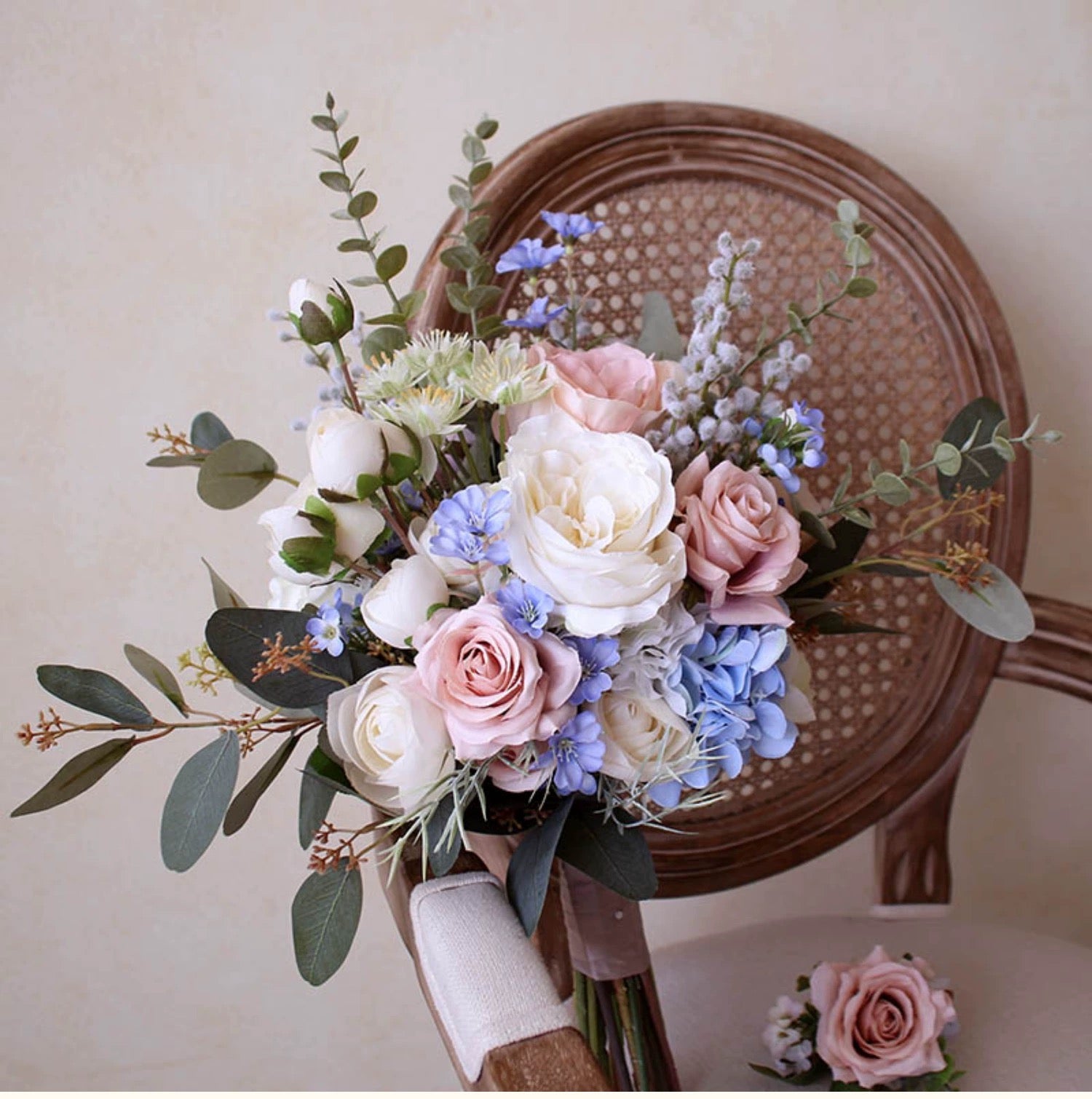 Roseytime Bride/Bridesmaid Bouquet in Blue&Dusty Pink Artificial Flowers