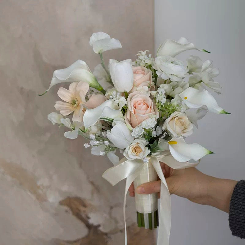 Roseytime Bride/Bridesmaid Bouquet in White&Champagne&Pink Artificial Flowers