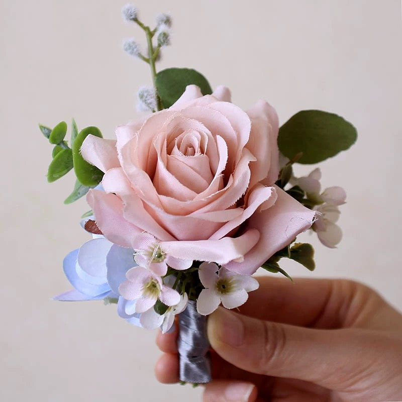 Roseytime Pink&Blue Boutonniere for Wedding RTBN022