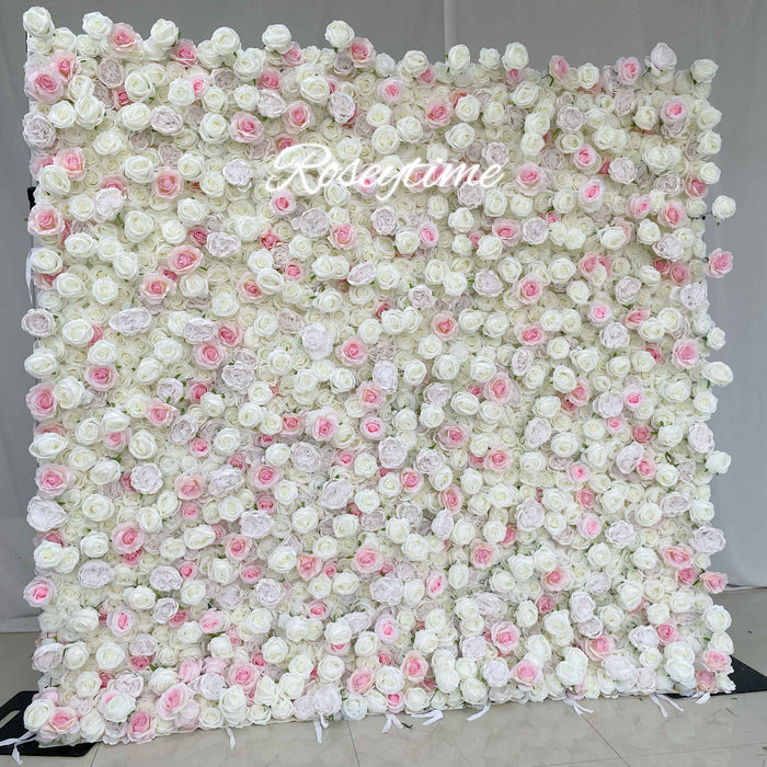 Roseytime 3D White&Pink Roses Flower Wall Roll Up Fabric Back #RTW301