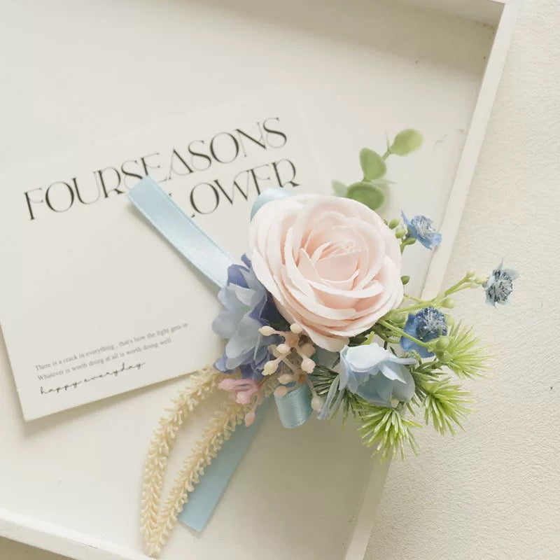 Roseytime Pink&Blue Wrist Corsage for Wedding RTWC018