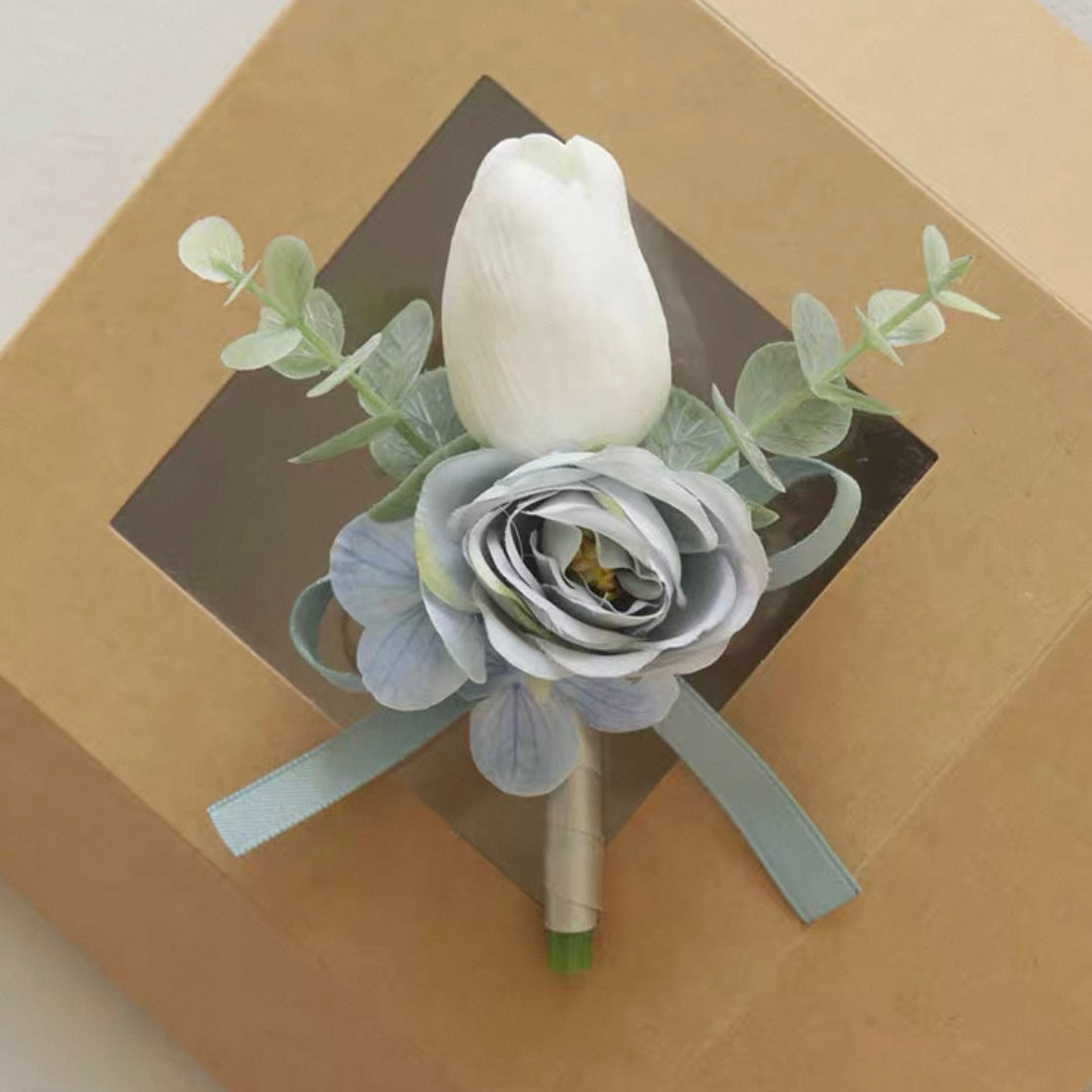 Roseytime White&Blue Boutonniere for Wedding RTBN040