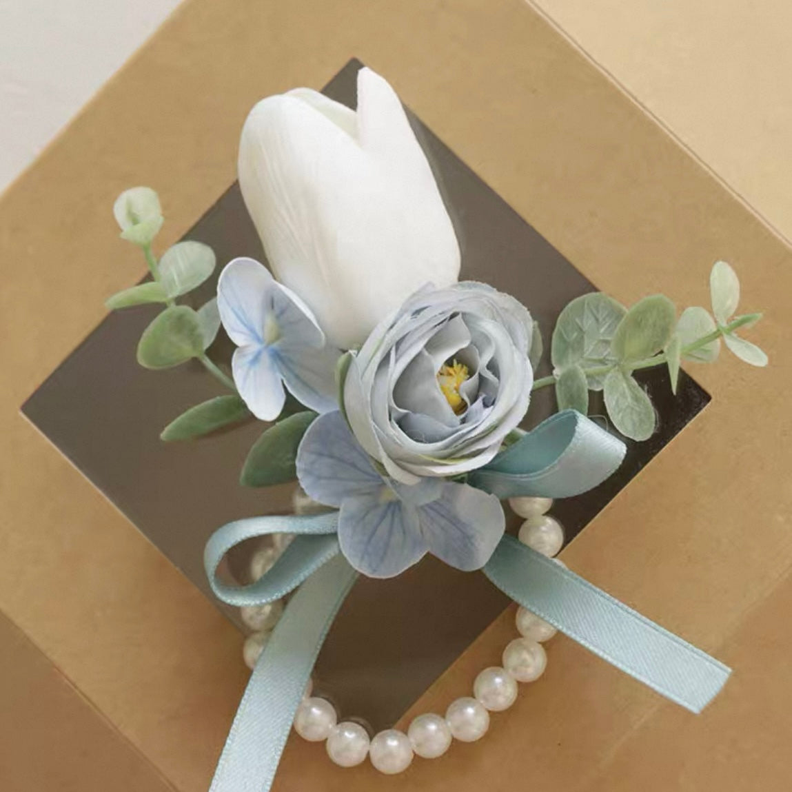 Roseytime White&Dusty Blue Wrist Corsage for Wedding RTWC023