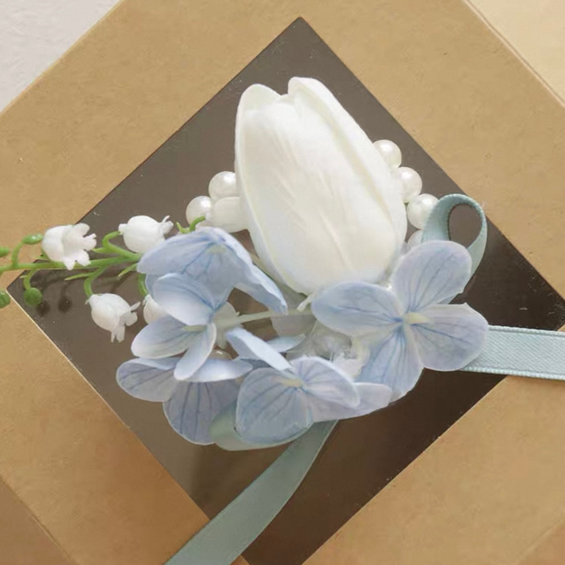 Roseytime White&Dusty Blue Wrist Corsage for Wedding RTWC024