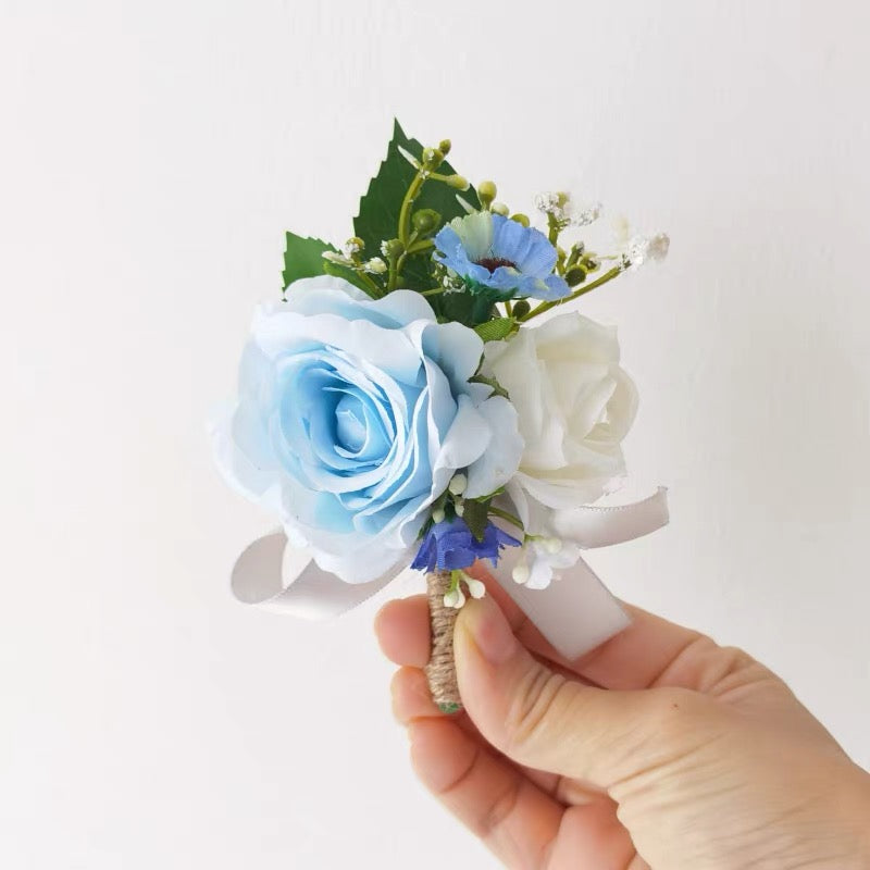 Roseytime White&Blue Flower Boutonniere for Wedding RTBN046
