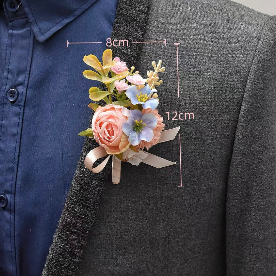 Roseytime Pink&Blue Flower Boutonniere for Wedding RTBN048
