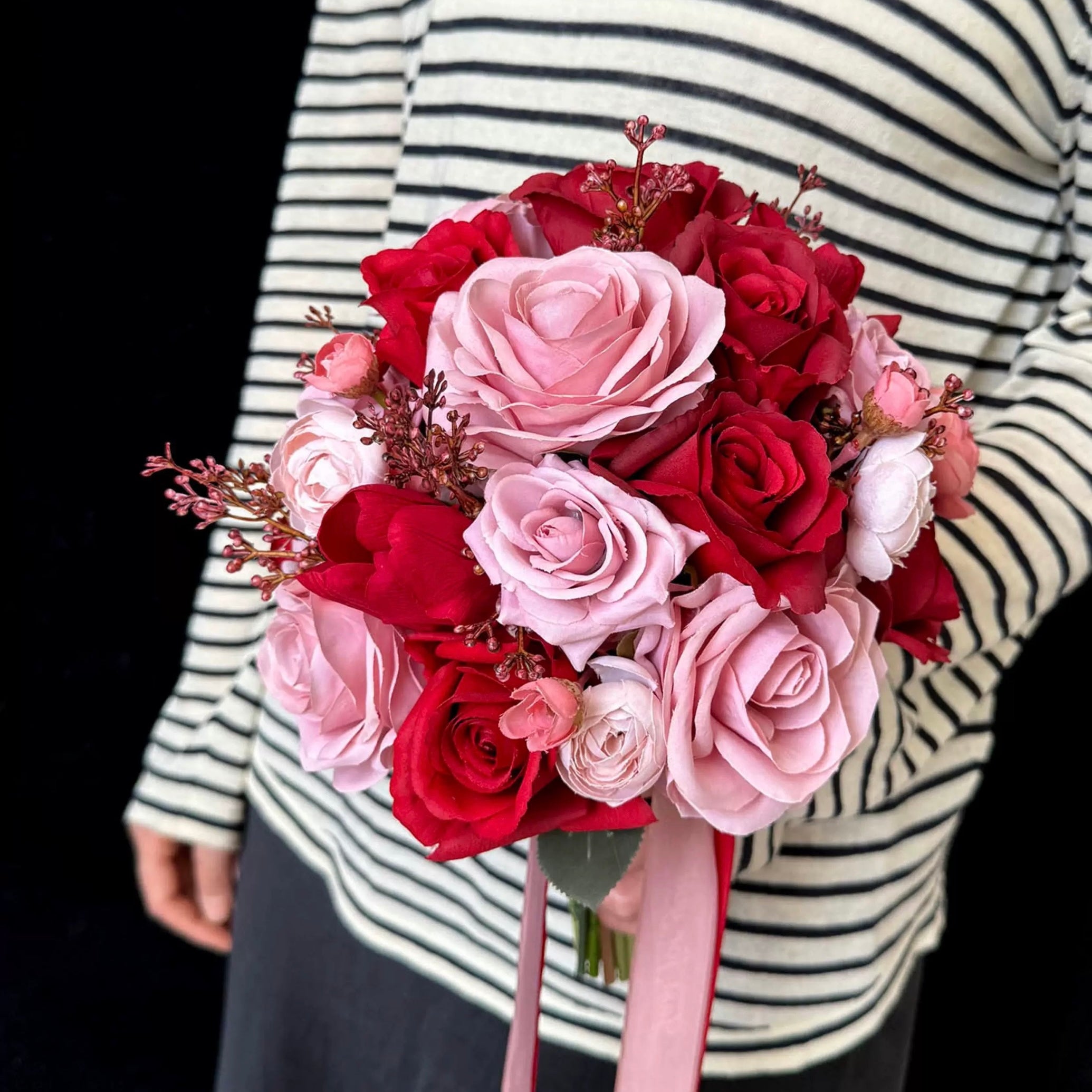 Roseytime Bride/Bridesmaid Bouquet in Red&Dusty Rose Artificial Flowers #RTBQ039