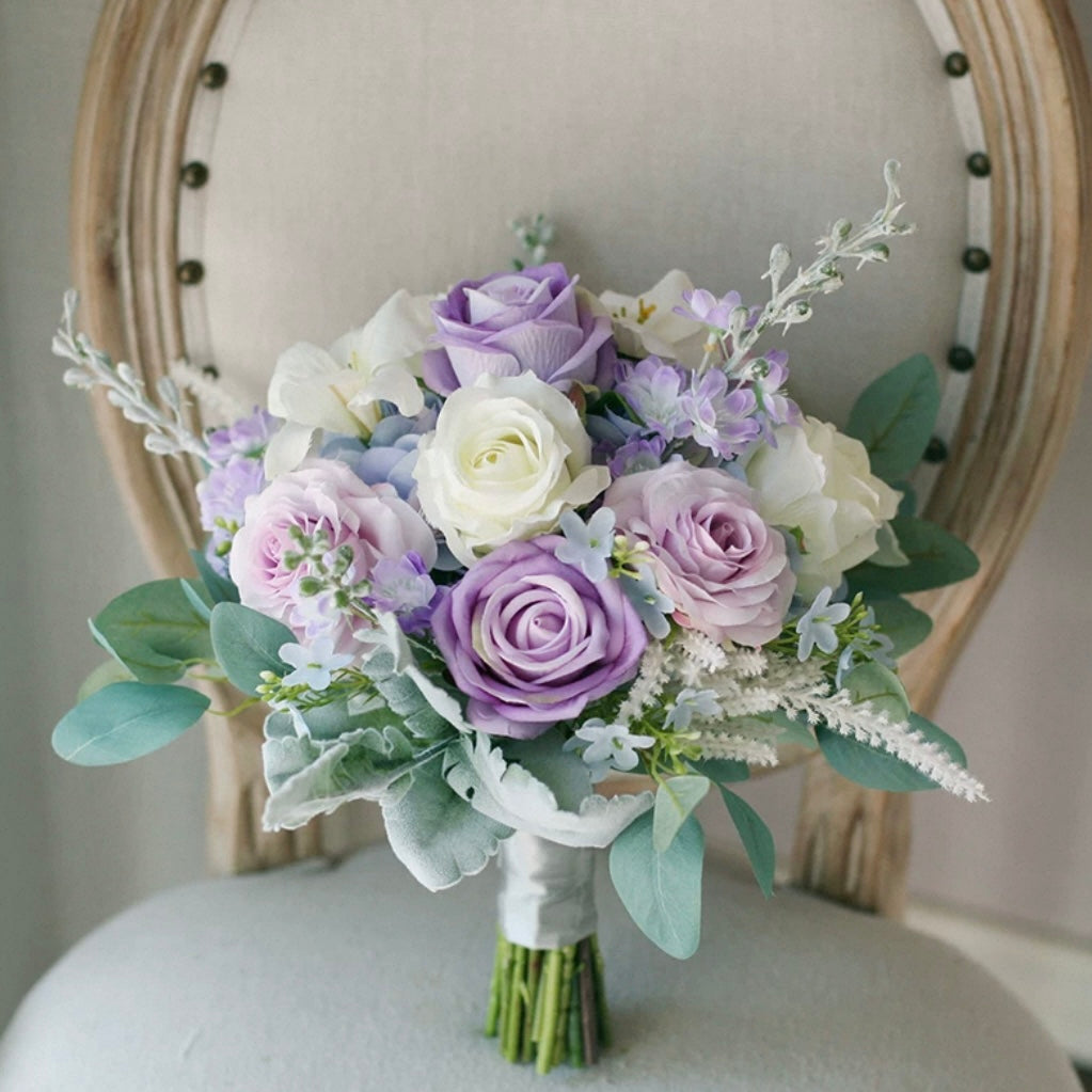 Roseytime Bride/Bridesmaid Bouquet in Purple&White Artificial Flowers #RTBQ031