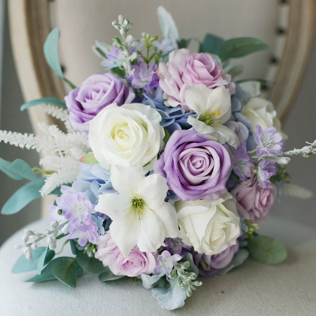 Roseytime Bride/Bridesmaid Bouquet in Purple&White Artificial Flowers #RTBQ031