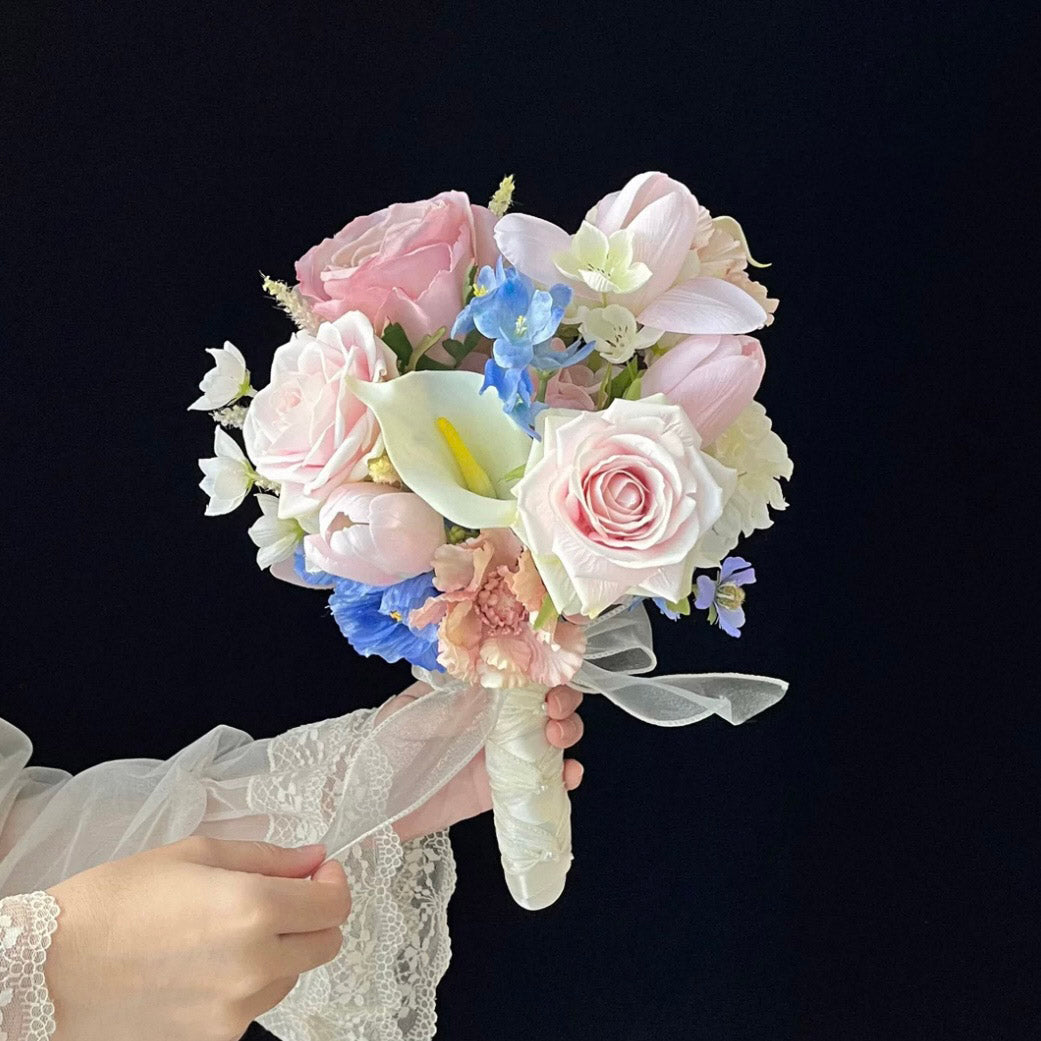 Roseytime Bride/Bridesmaid Bouquet in Pink&Blue Artificial Flowers #RTBQ030