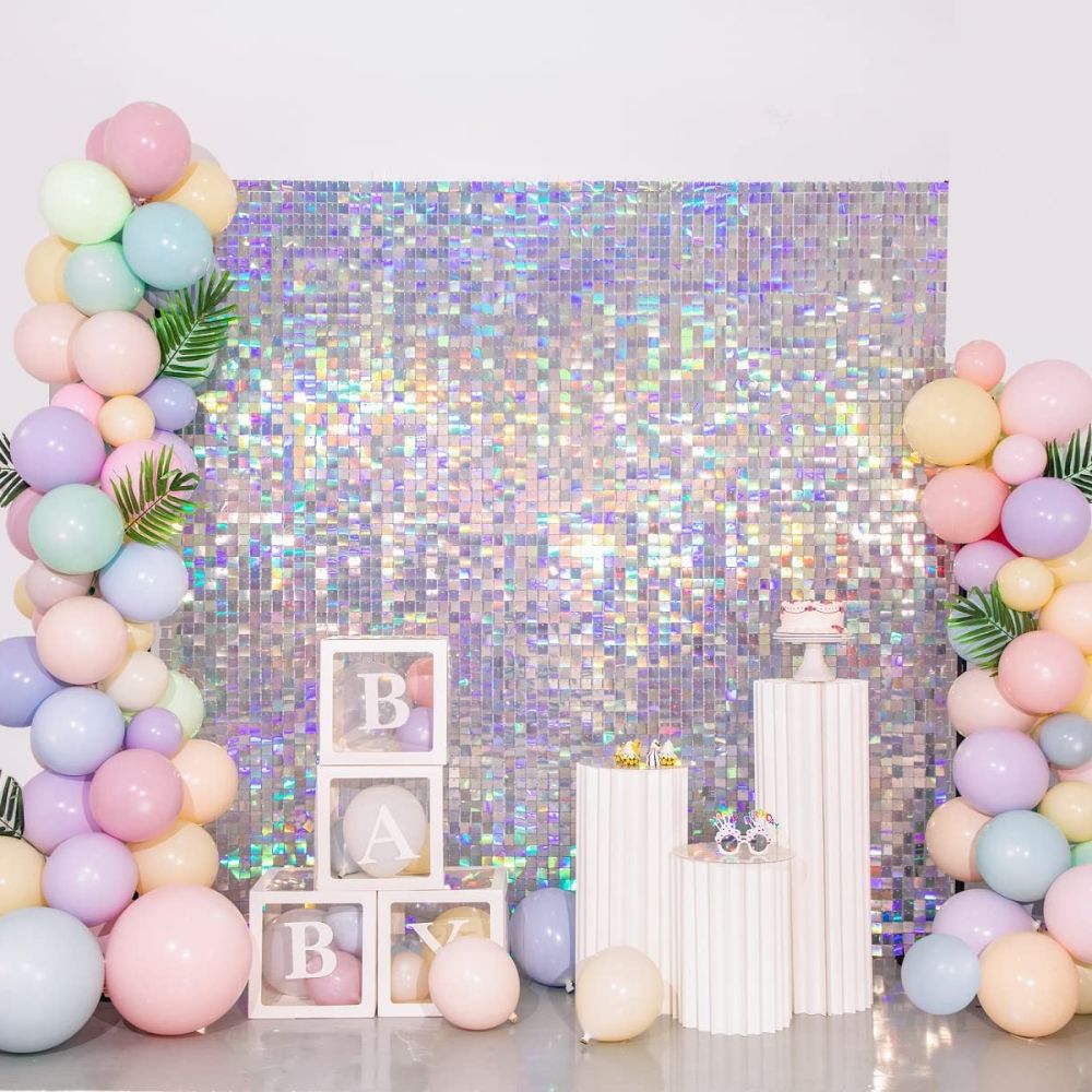 Roseytime Rainbow Silver Sequin Shimmer Wall Backdrop for Wedding Baby Shower Birthday Party Decor