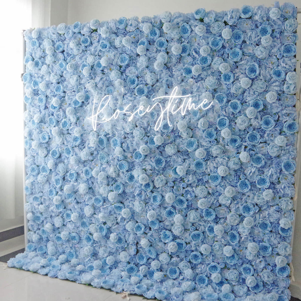 Roseytime Blue Artificial Flower Wall Backdrop Rolling Up Fabric Back ...