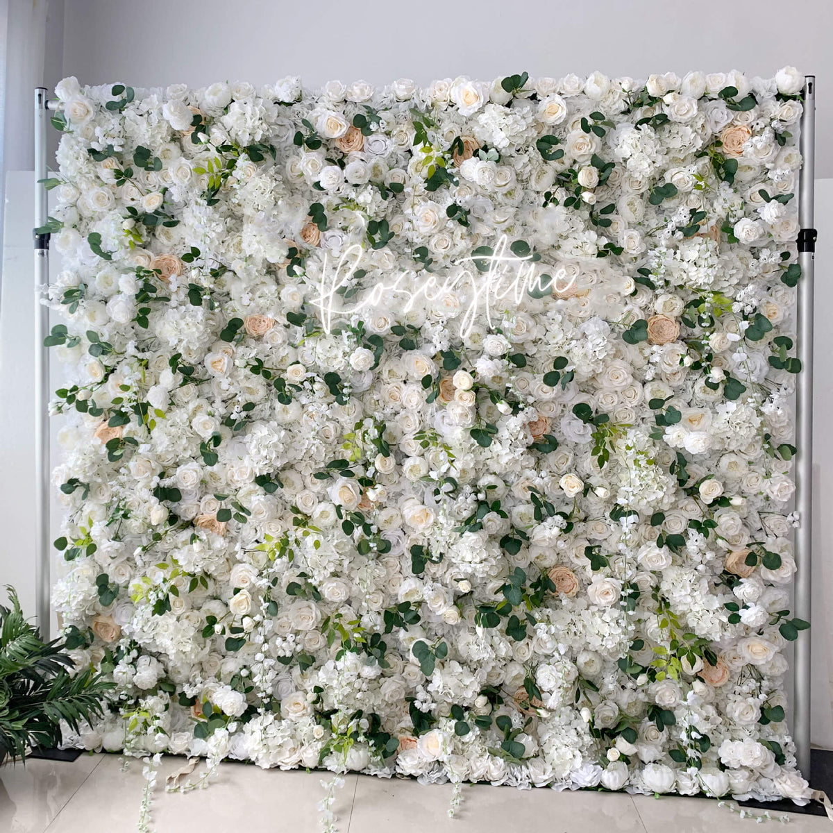 Roseytime 3D White& Green Flower Wall Backdrop Roll Up Fabric Back #RTW288