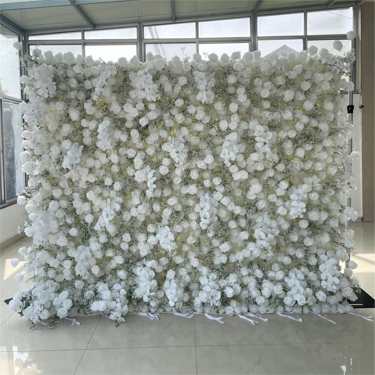 Roseytime 5D Artificial Flower Wall White Baby's Breath Rolling Up Flowers Backdrop Decor for Event