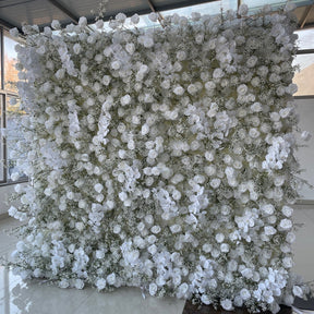 Roseytime 5D Artificial Flower Wall White Baby's Breath Rolling Up Flowers Backdrop Decor for Event