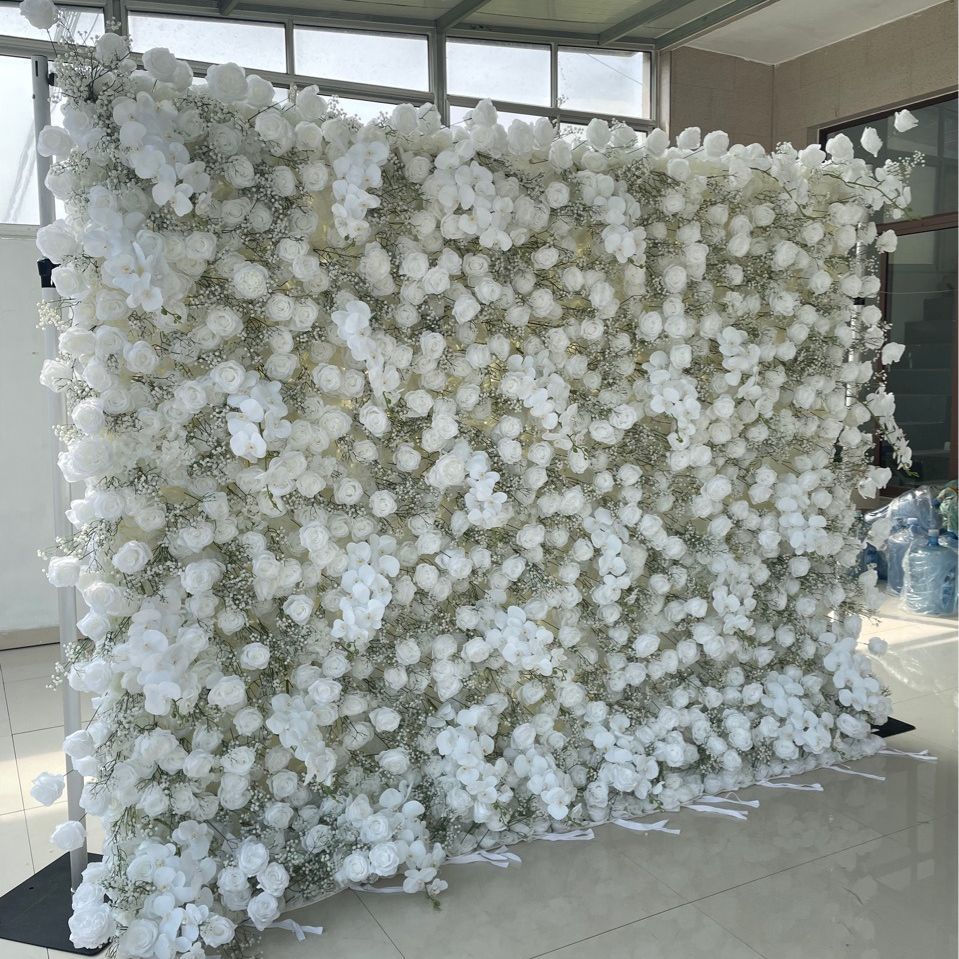 Roseytime 5D Artificial Flower Wall White Baby's Breath Rolling Up Flowers Backdrop Decor for Event