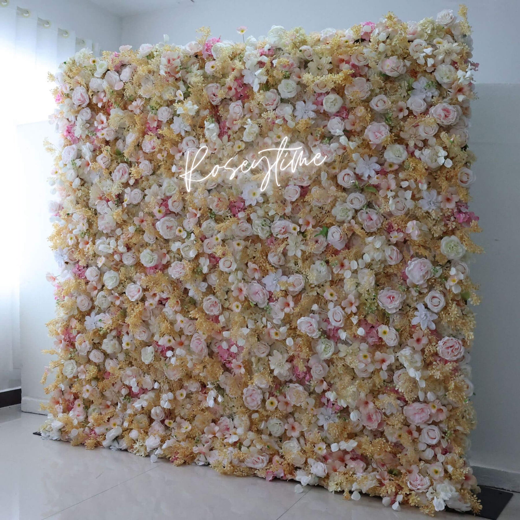 Roseytime 5D Champagne&Pink Flower Wall Roll Up Fabric Back #RTW286