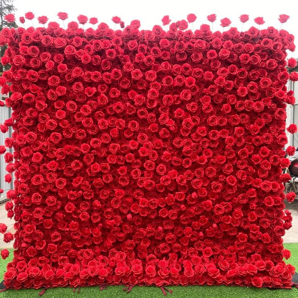 Roseytime 3D Artificial Red Roses Flower Wall Backdrop Fabric Back Rolling Up