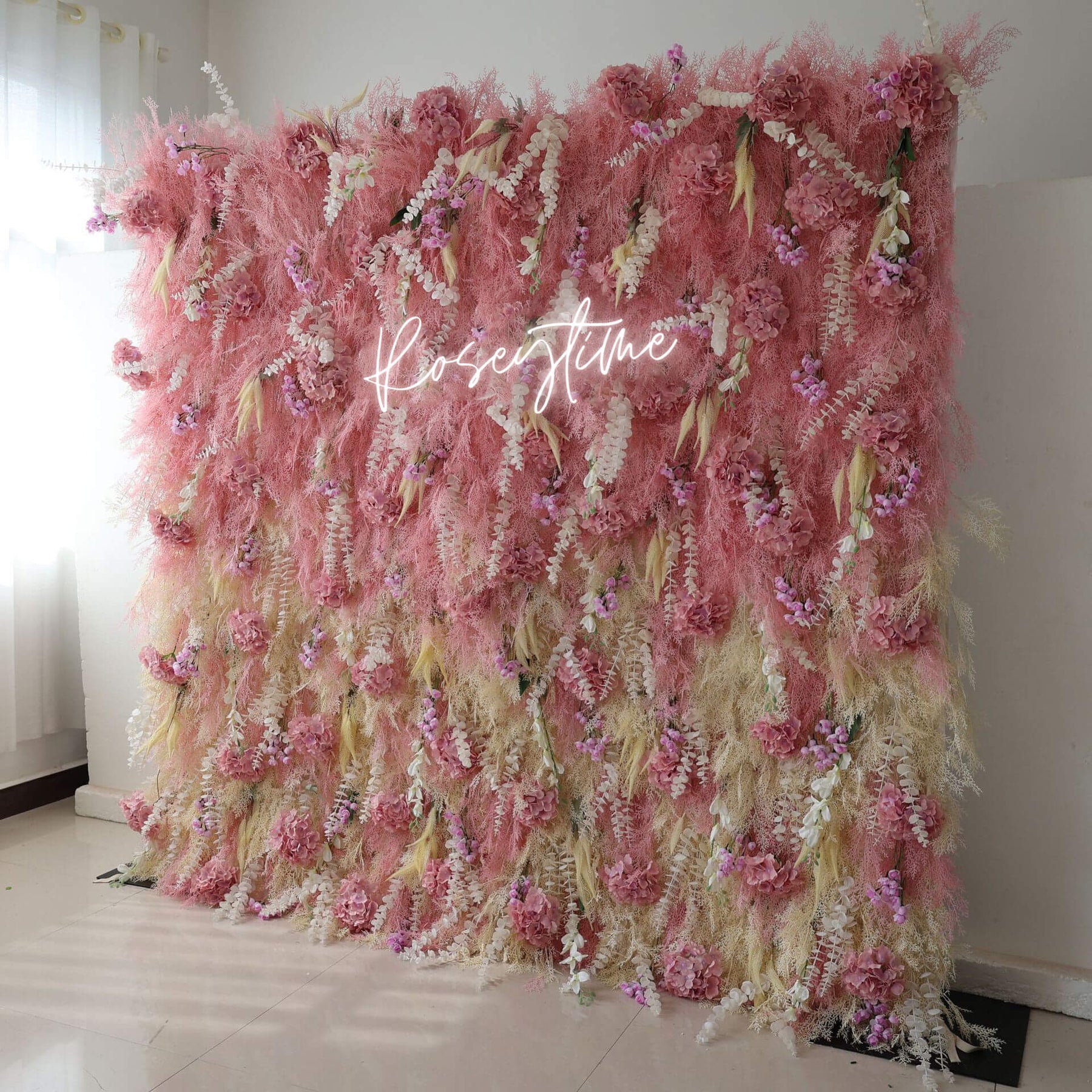 Roseytime 5D Pink Artificial Pampas Grass Wall Roll Up Fabric Back #RTW287