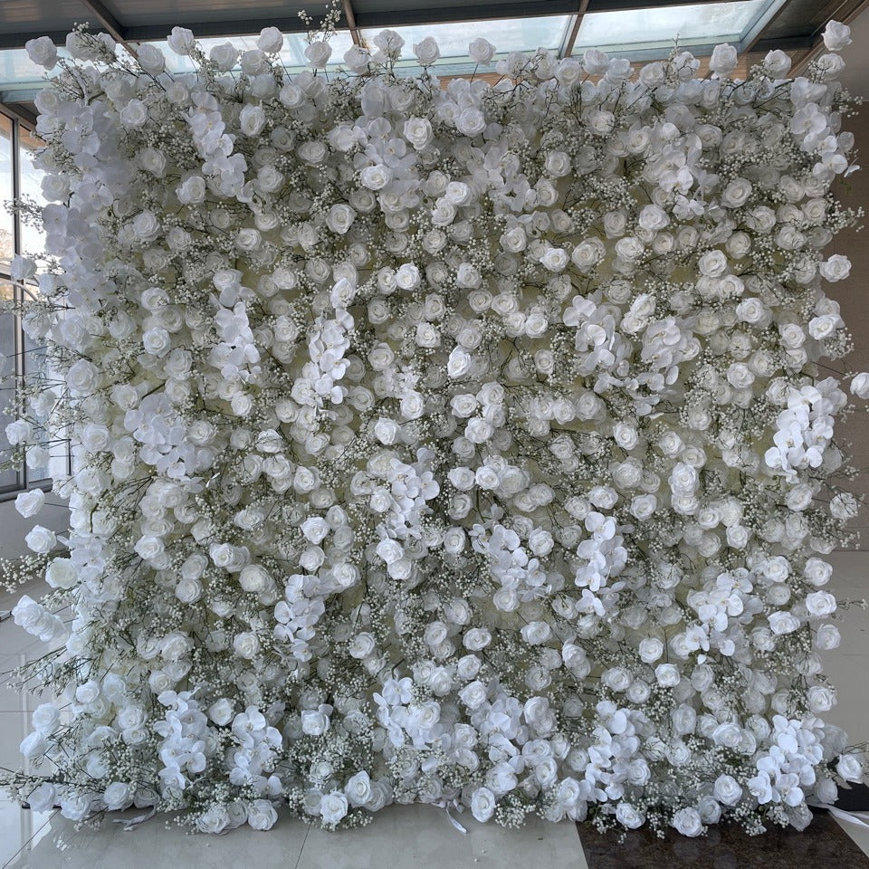 Roseytime 5D Artificial Flower Wall White Baby's Breath Rolling Up Flowers Backdrop Decor for Event