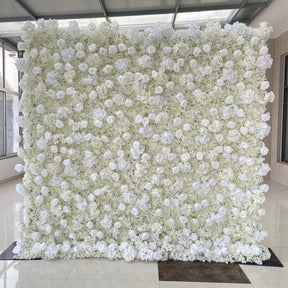 Roseytime 3D Artificial Flower Wall White Roses Roll Up Fabric Back #RTW035