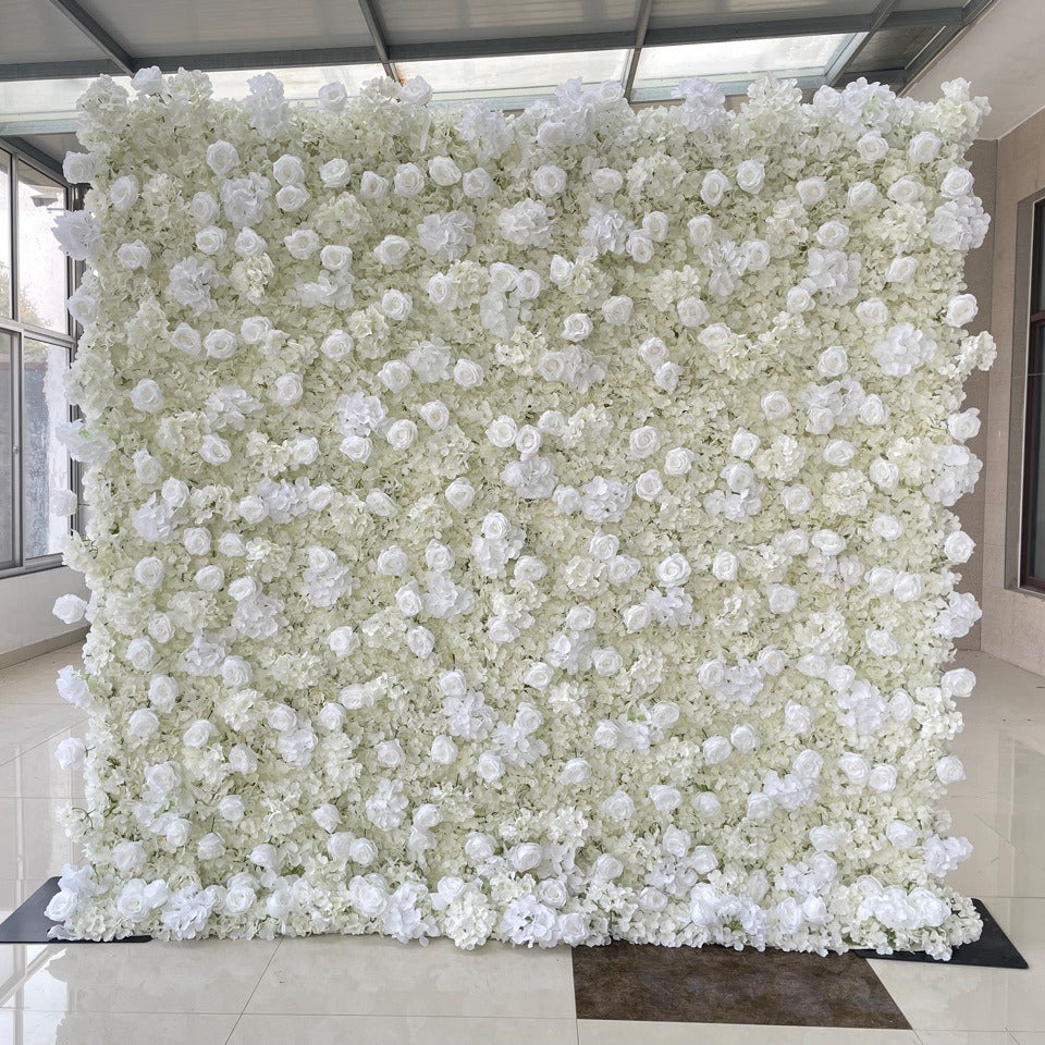 Roseytime 3D Artificial Flower Wall White Roses Roll Up Fabric Back #RTW035