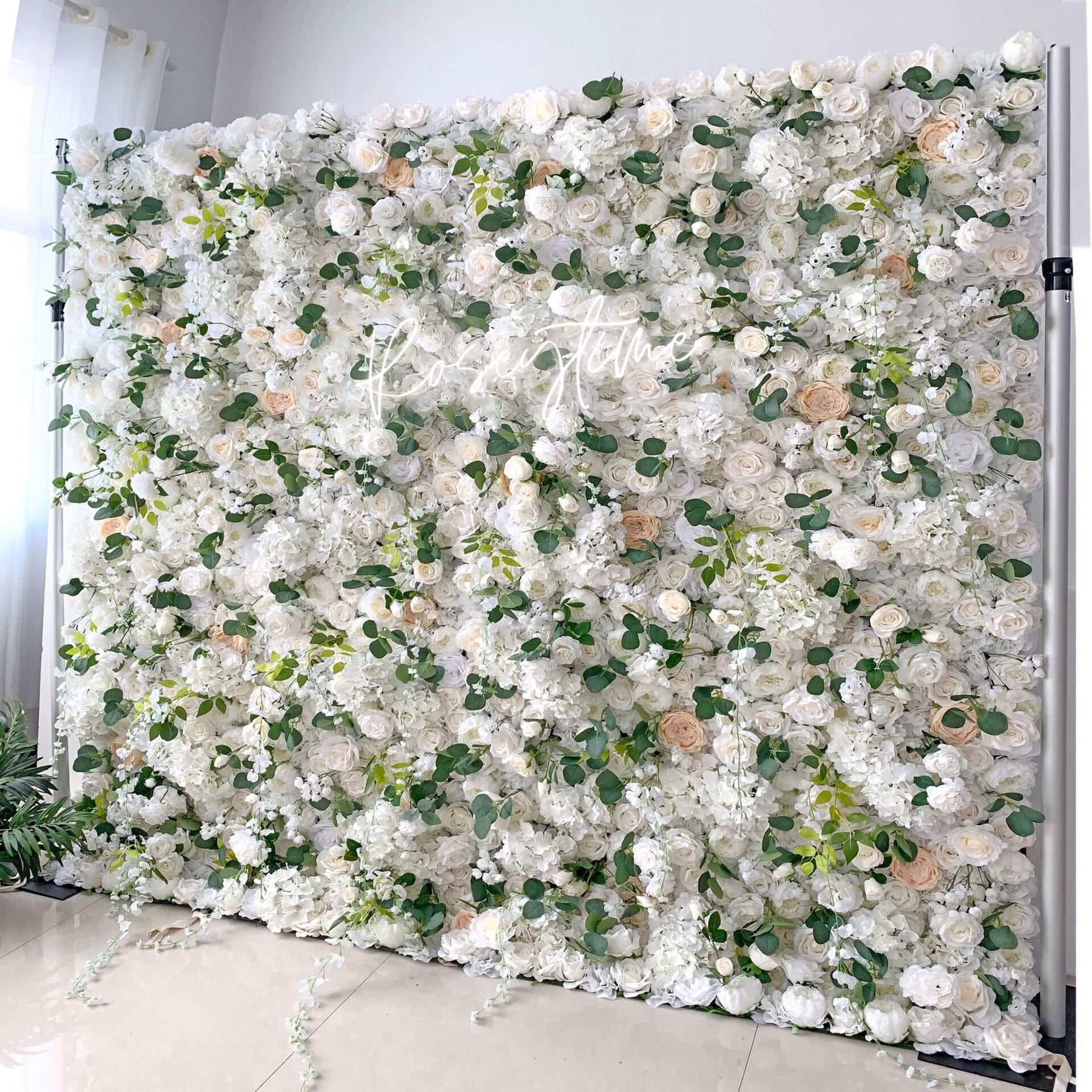 Roseytime 3D White& Green Flower Wall Backdrop Roll Up Fabric Back #RTW288