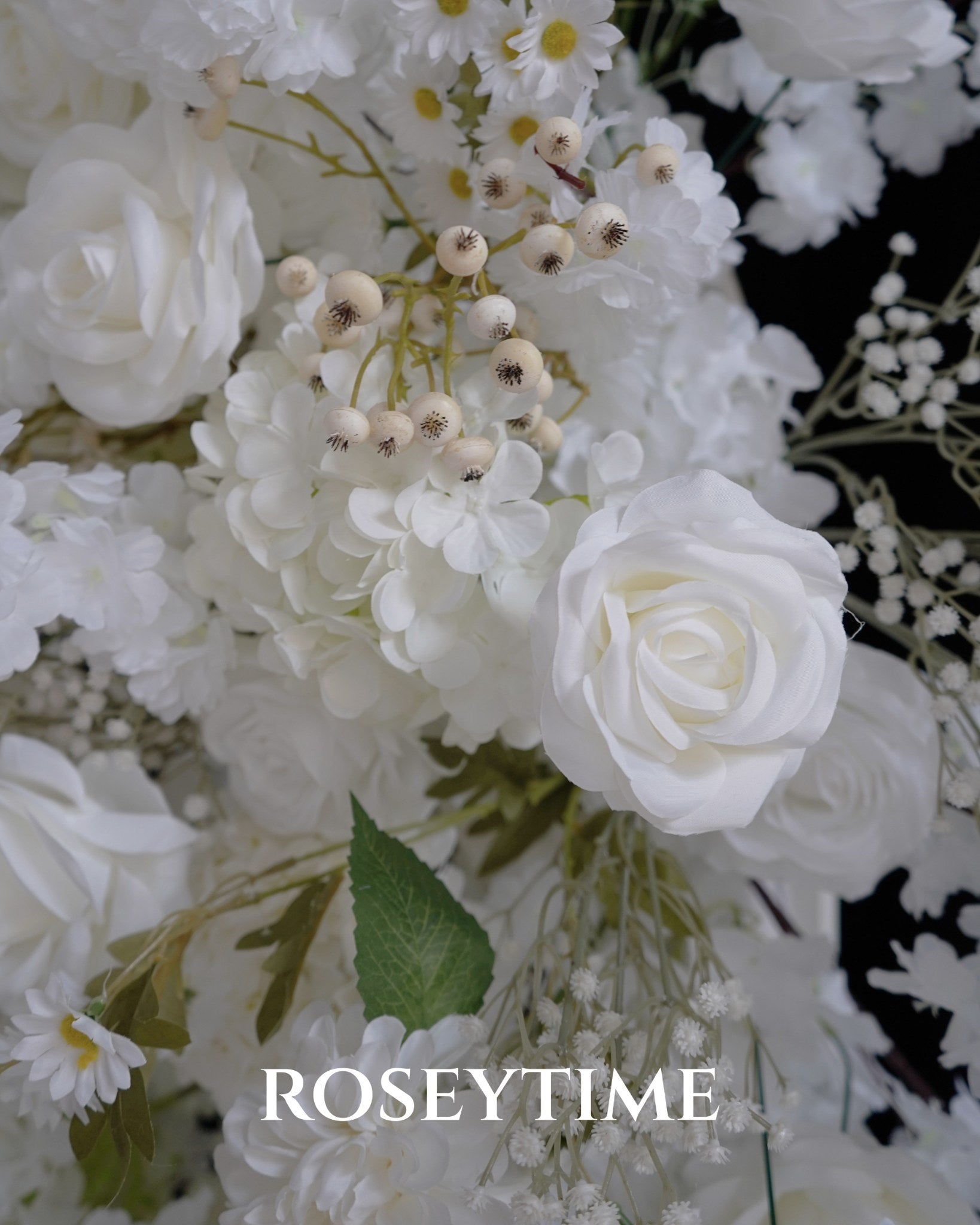 Roseytime White Rose with Baby's Breath Flower Round Arch With Frame #RTA071