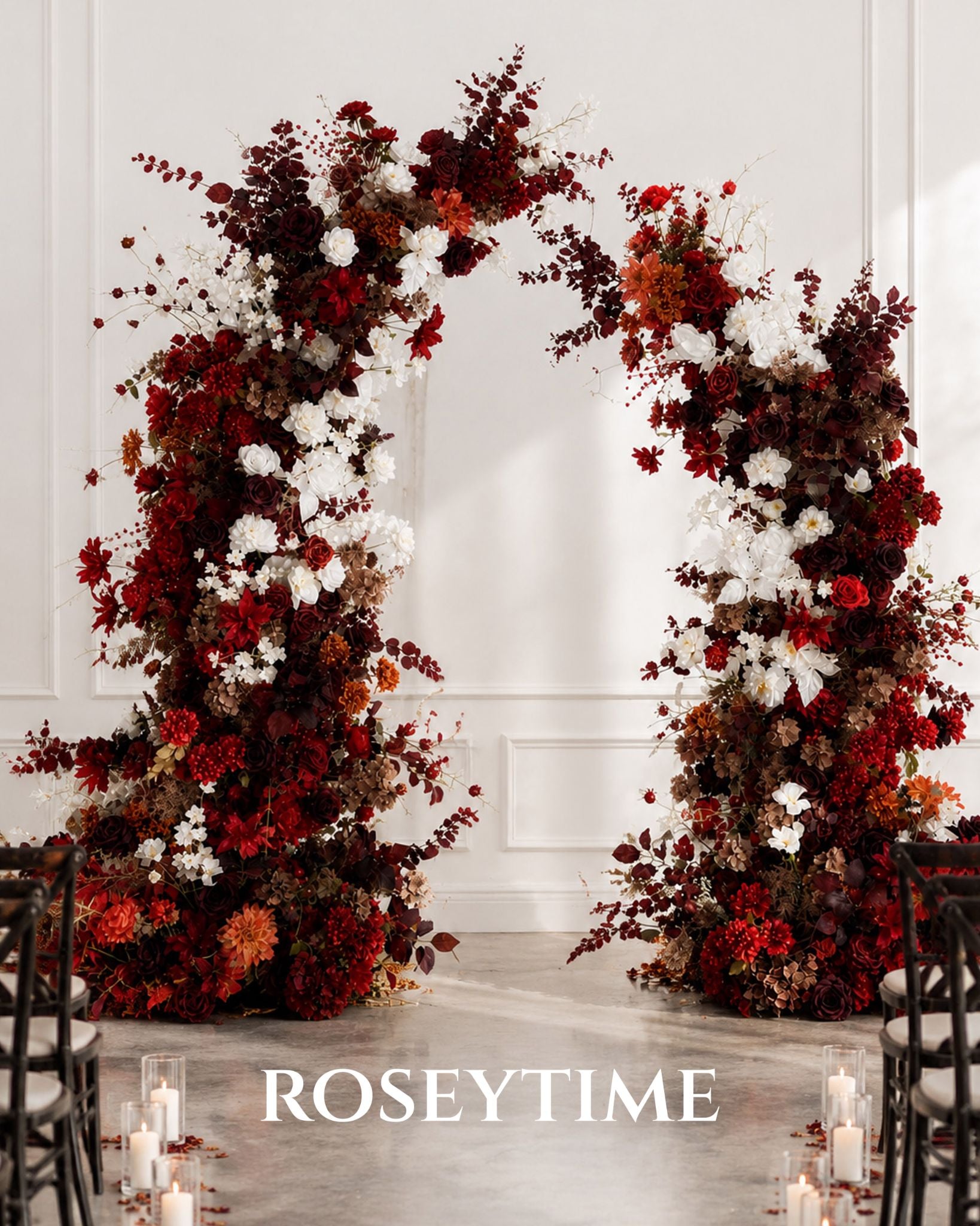 Roseytime Dark Red Flower Pillars Arch with Frame #RTP050