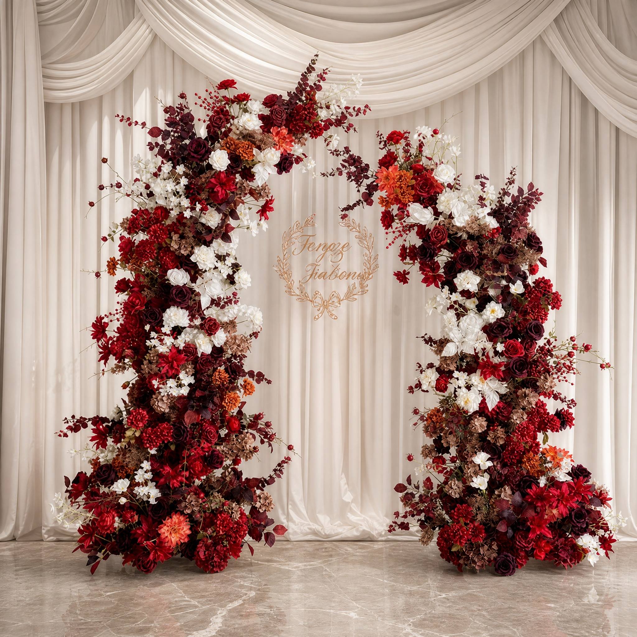 Roseytime Dark Red Flower Pillars Arch with Frame #RTP050