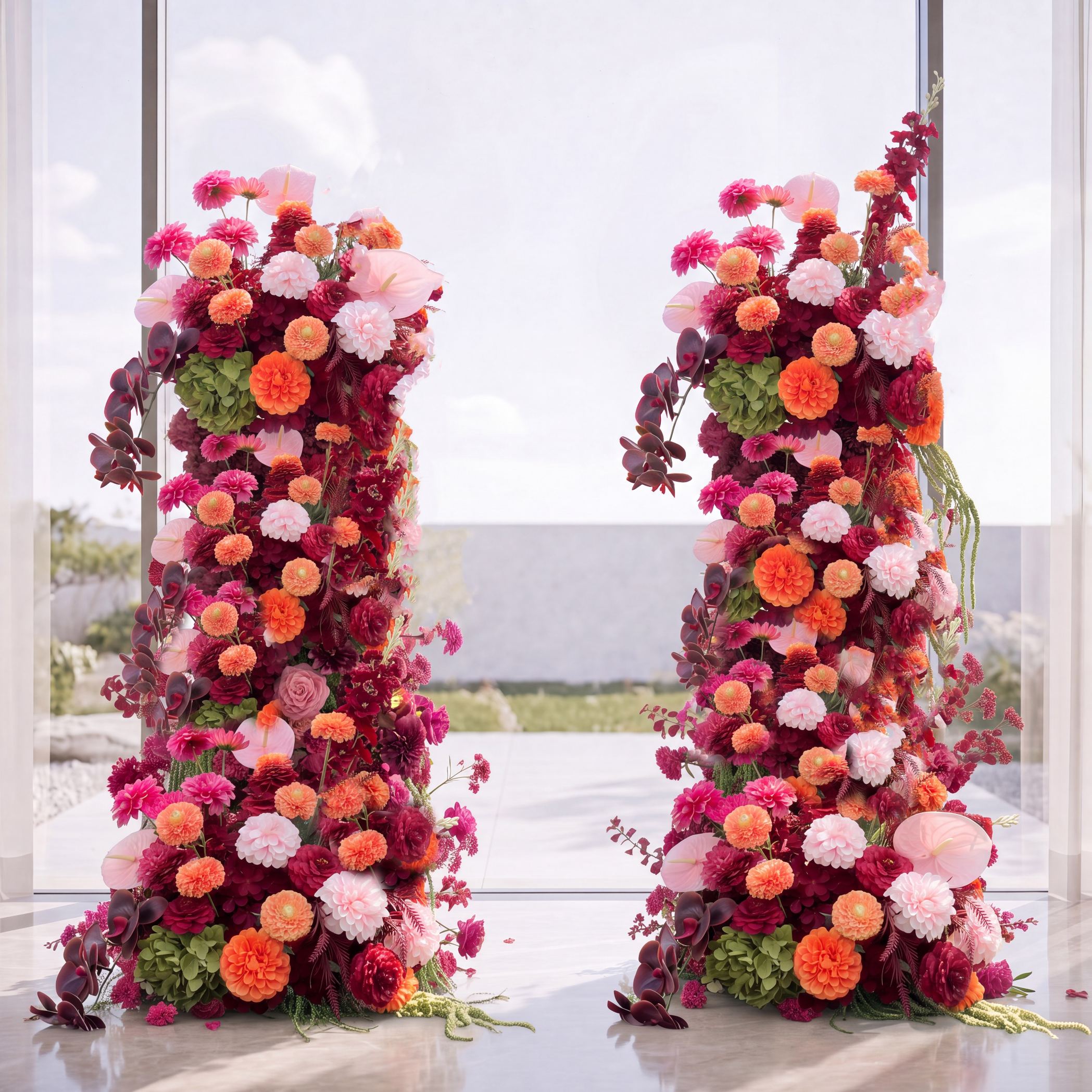Roseytime Apricot & Burgundy Flower Pillars Arch with Frame #RTP138