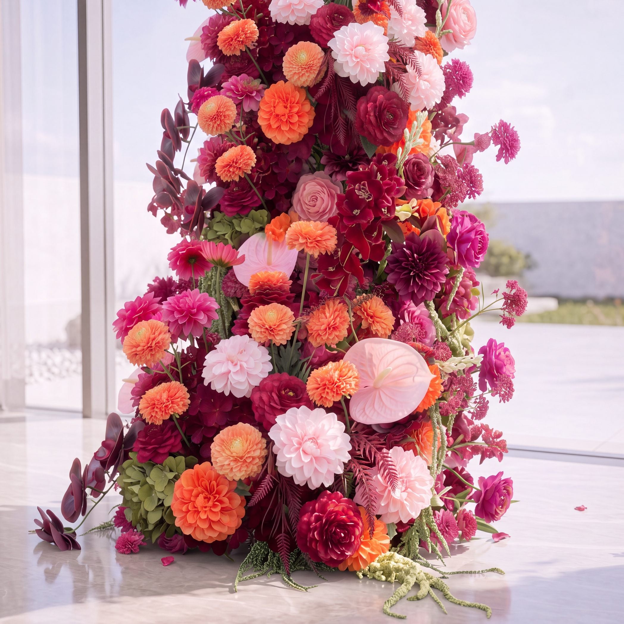 Roseytime Apricot & Burgundy Flower Pillars Arch with Frame #RTP138