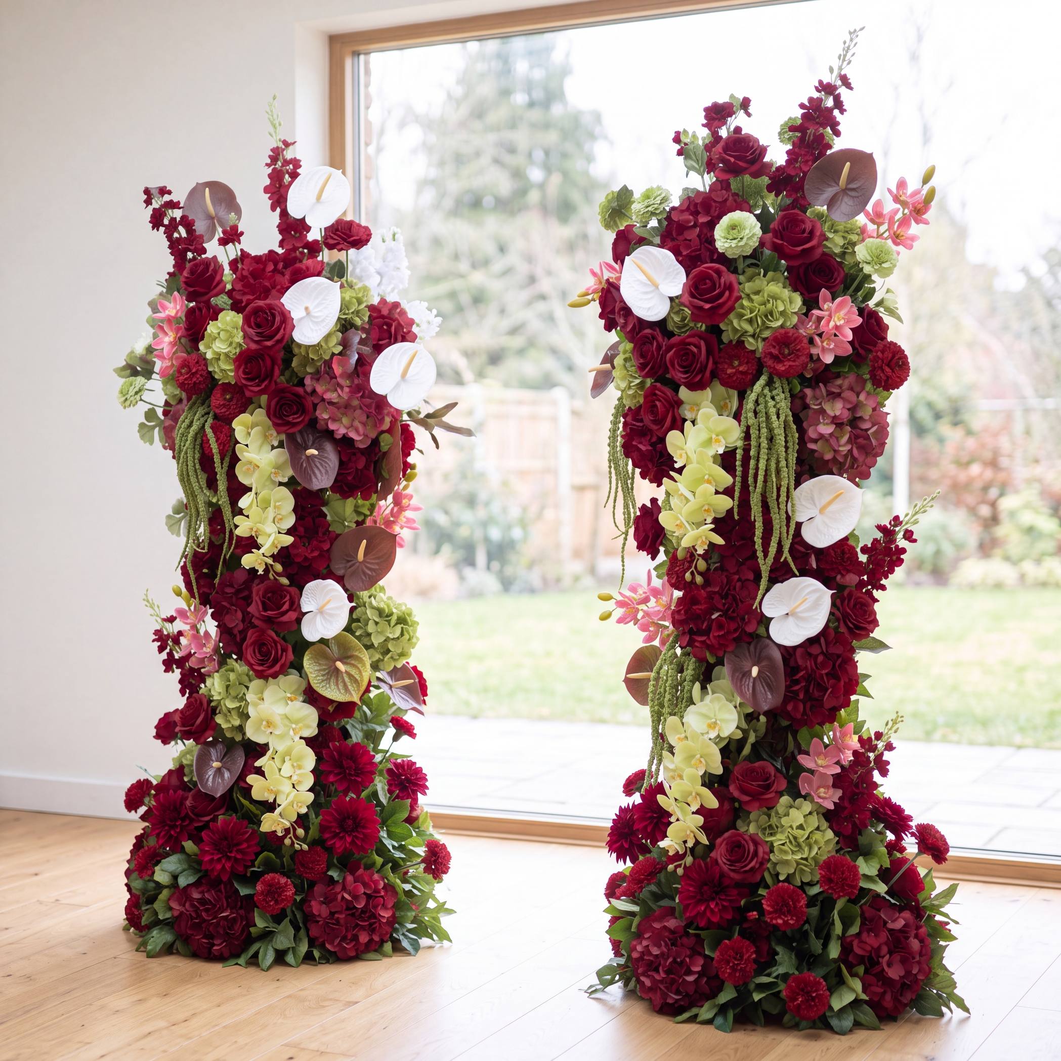 Roseytime Burgundy Mosscurl Flower Pillars Arch with Frame #RTP139