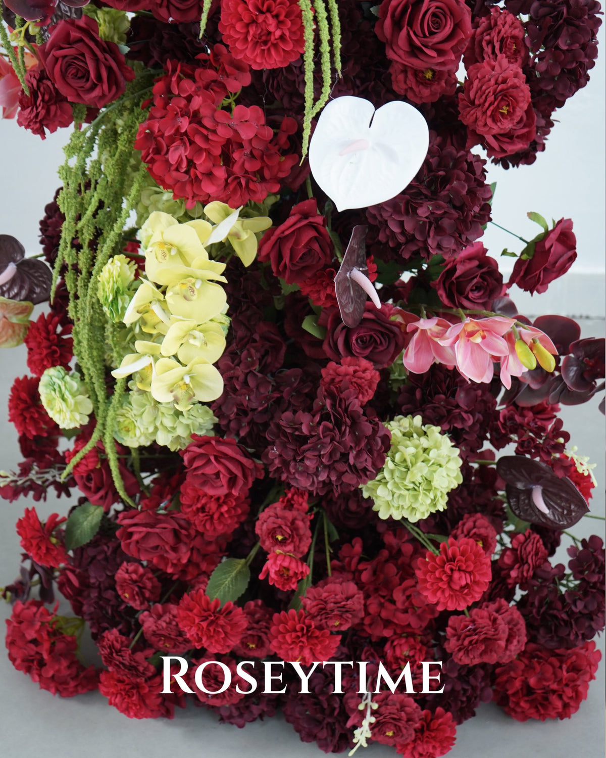 Roseytime Burgundy Mosscurl Flower Pillars Arch with Frame #RTP139