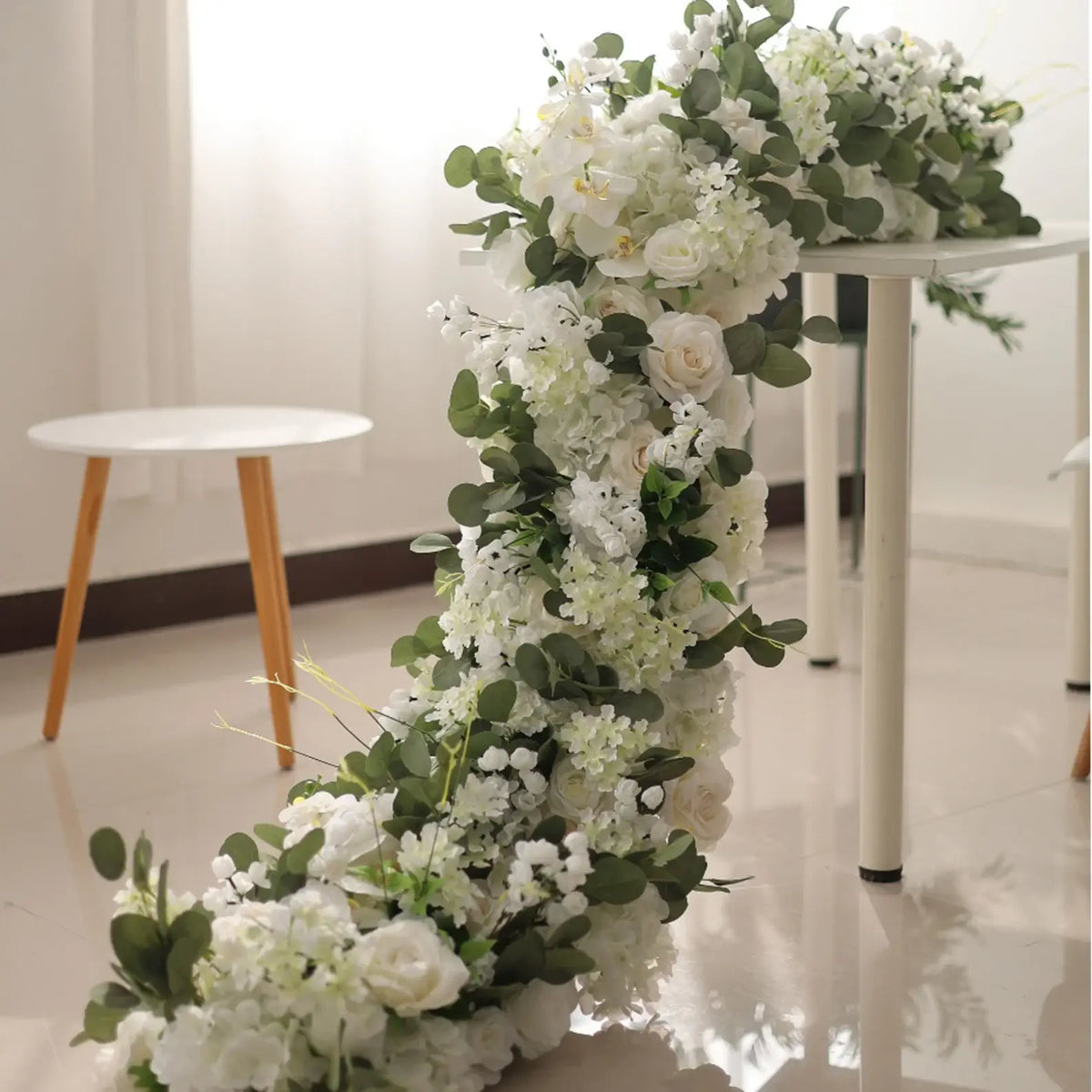 Roseytime White Green Flower Rows Table Flower Runner #RTR004