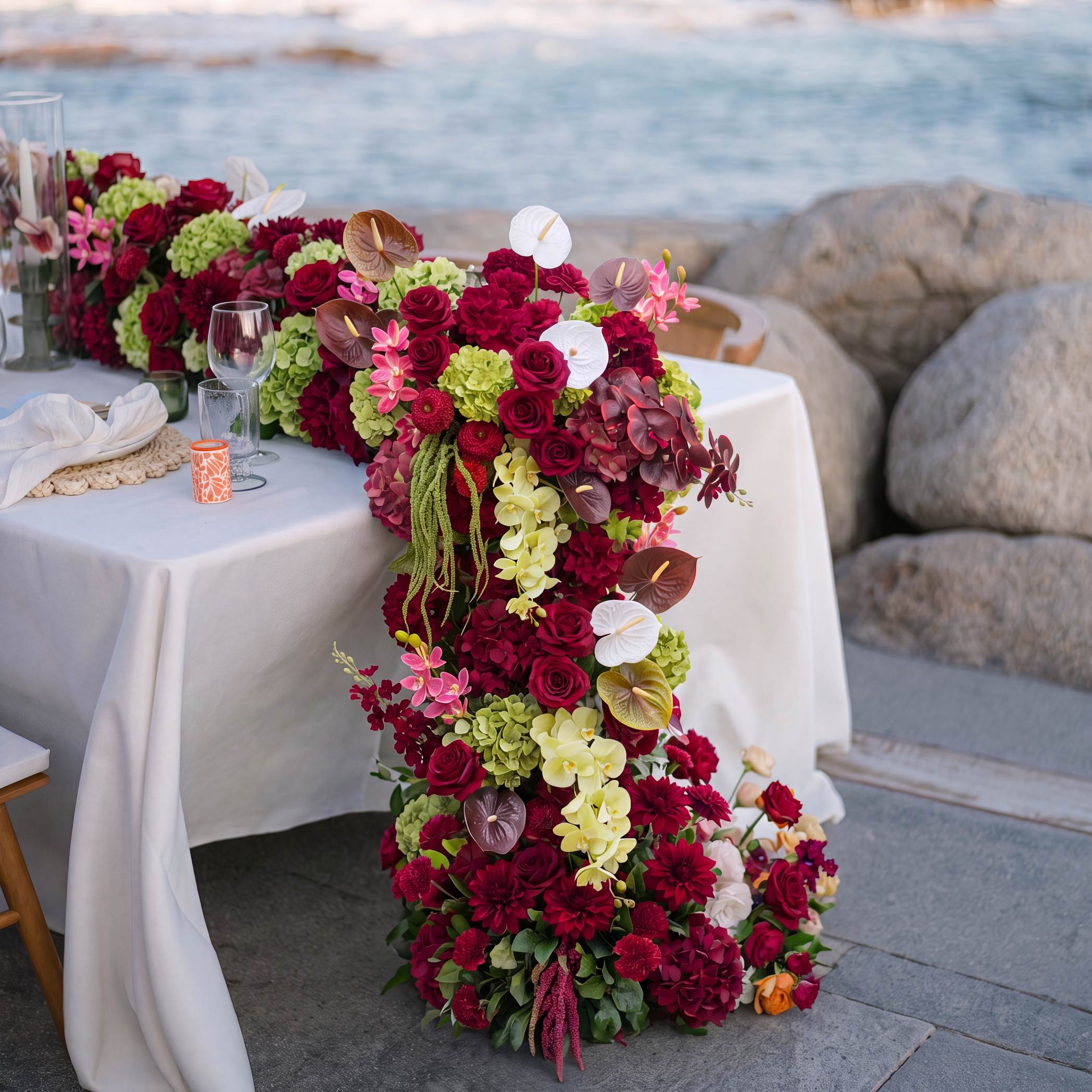 Roseytime Burgundy Mosscurl Flower Runner Table Flower Decor#RTR104