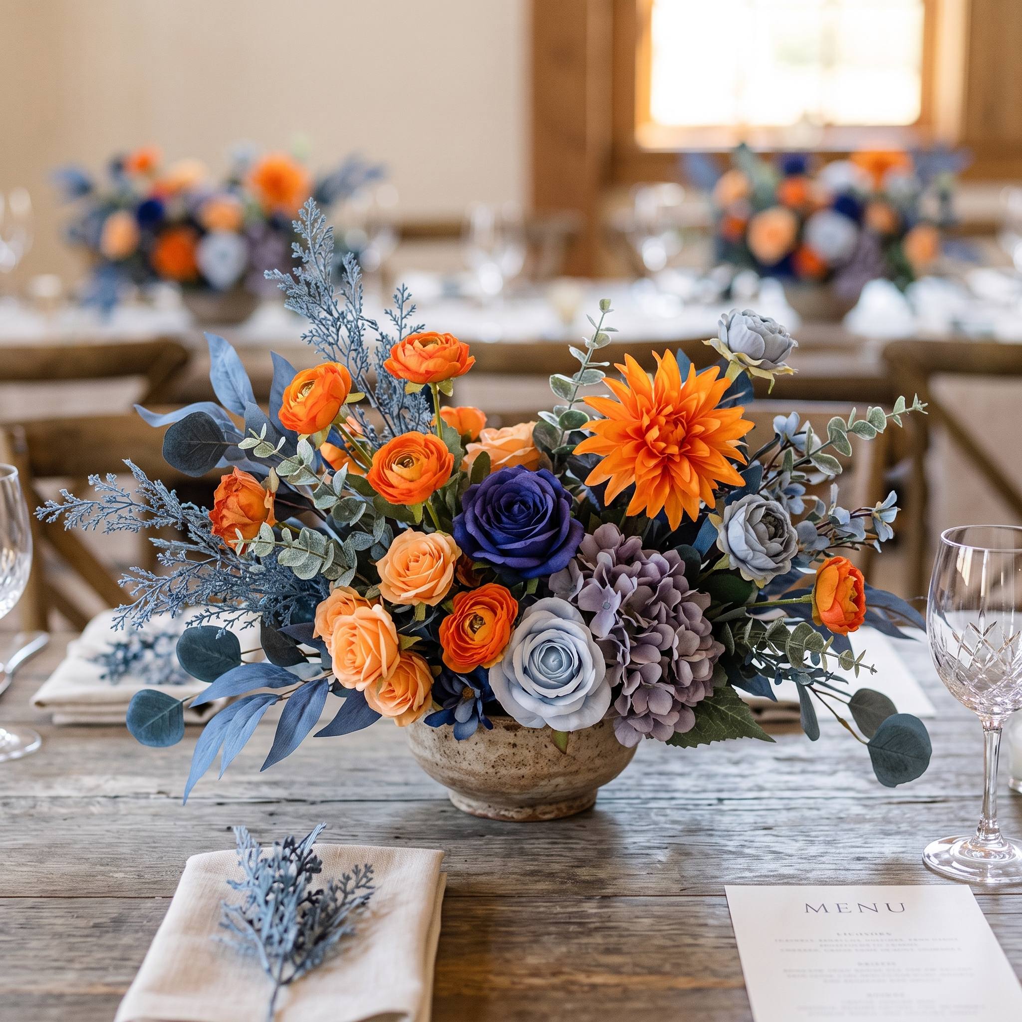 Roseytime Orange&Blue Table Flower Arrangement #RTT007