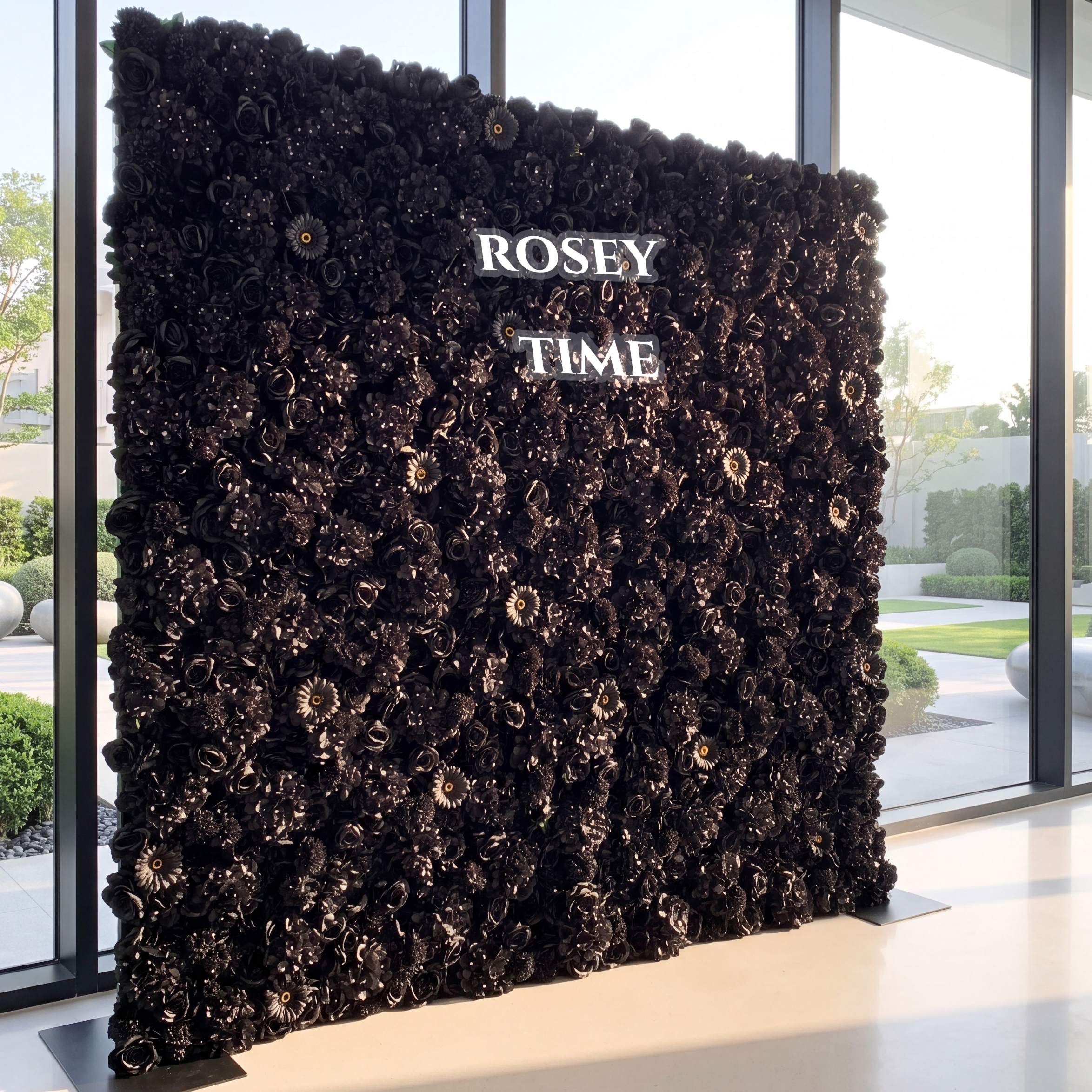 Roseytime 3D Black Flower Wall Roll Up Fabric Back #RTW054