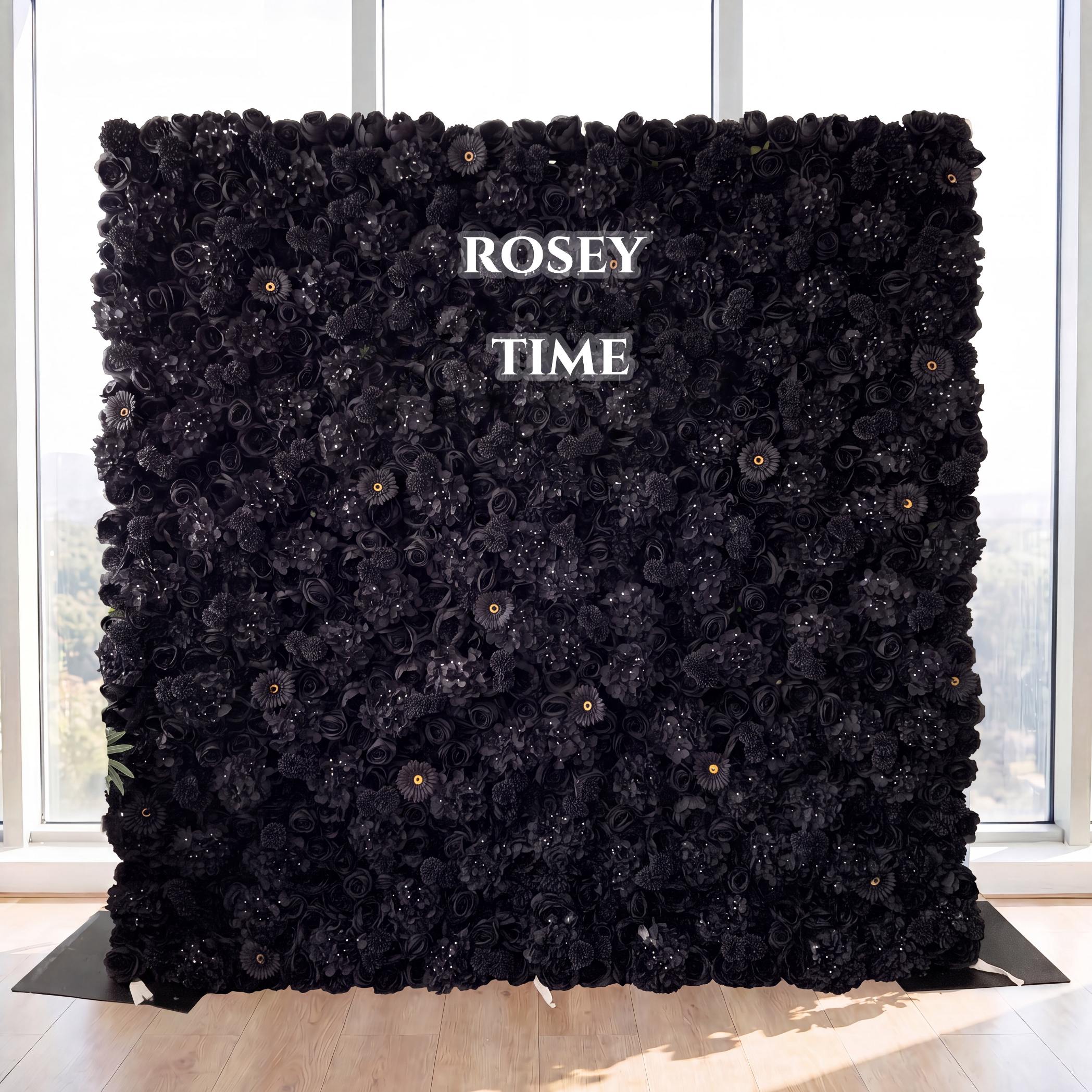 Roseytime 3D Black Flower Wall Roll Up Fabric Back #RTW054