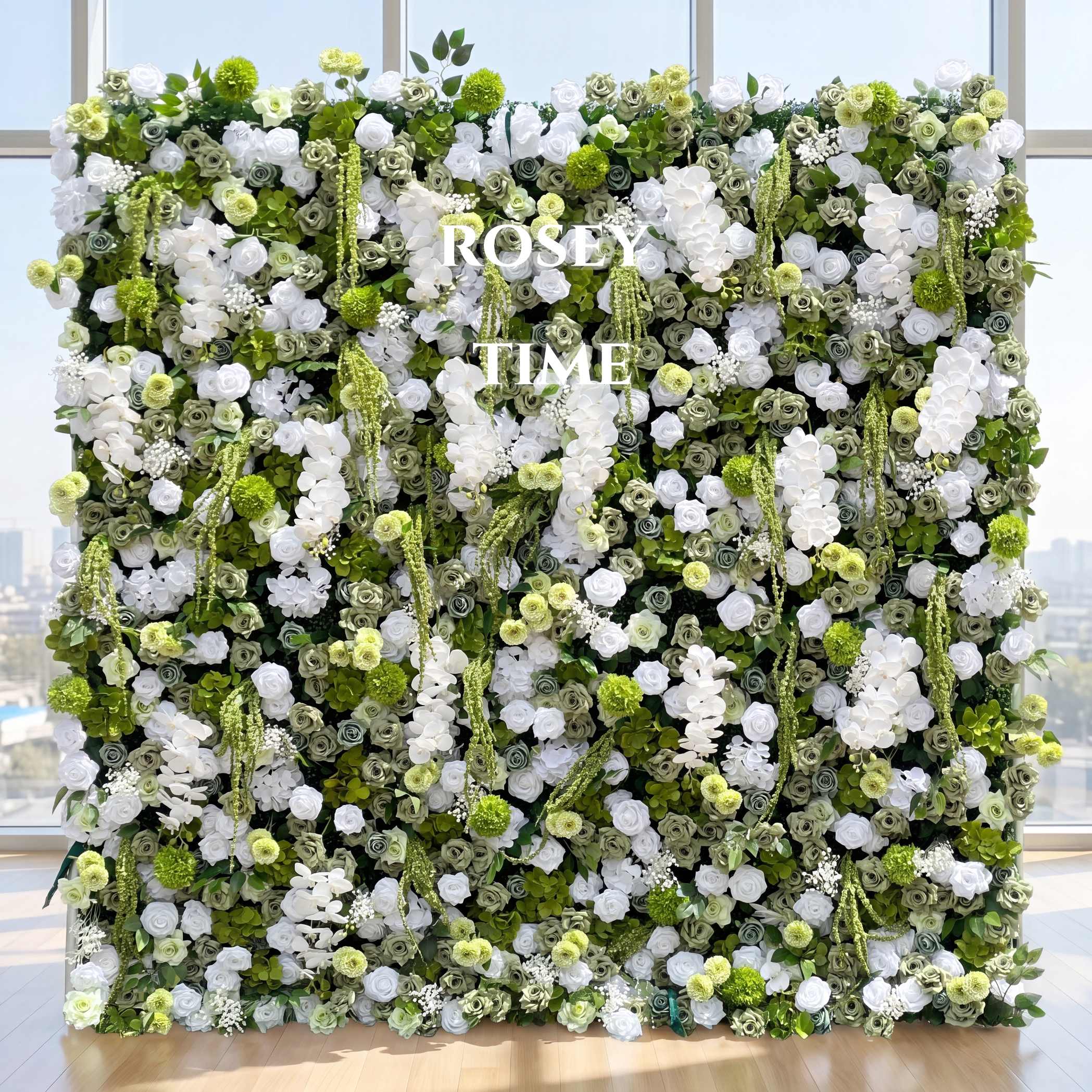 Roseytime 5D White&Green Flower Wall Roll Up Fabric Back #RTW251