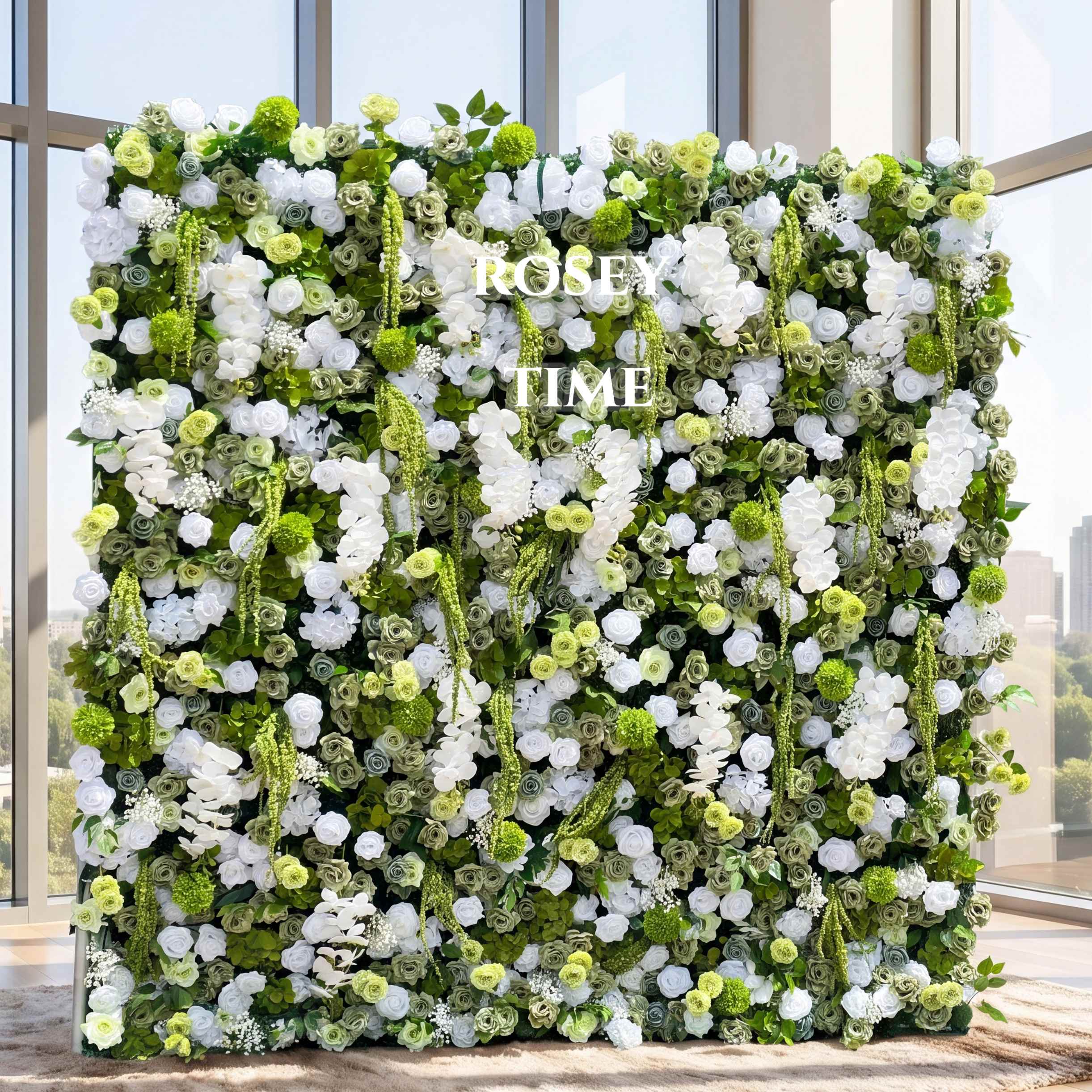 Roseytime 5D White&Green Flower Wall Roll Up Fabric Back #RTW251