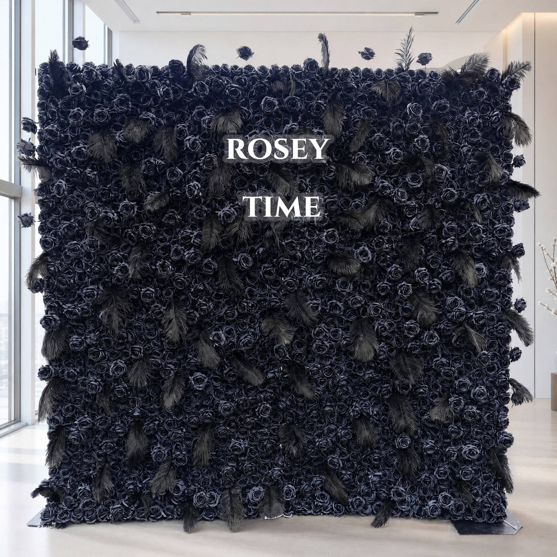 Roseytime 5D Black Flower Feather Wall Backdrop Rolling Up #RTW282