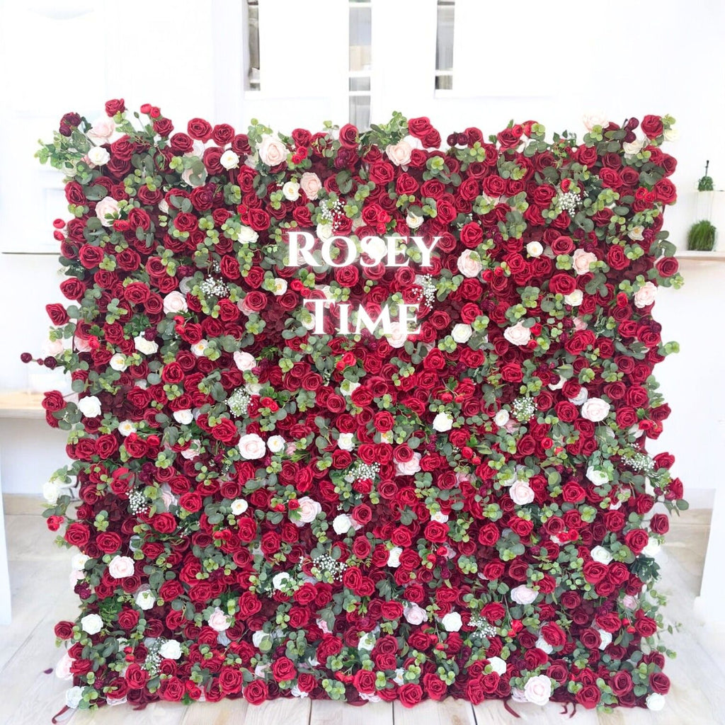 Roseytime 5D Red Roses Artificial Flower Wall Roll Up Fabric Back Backdrop