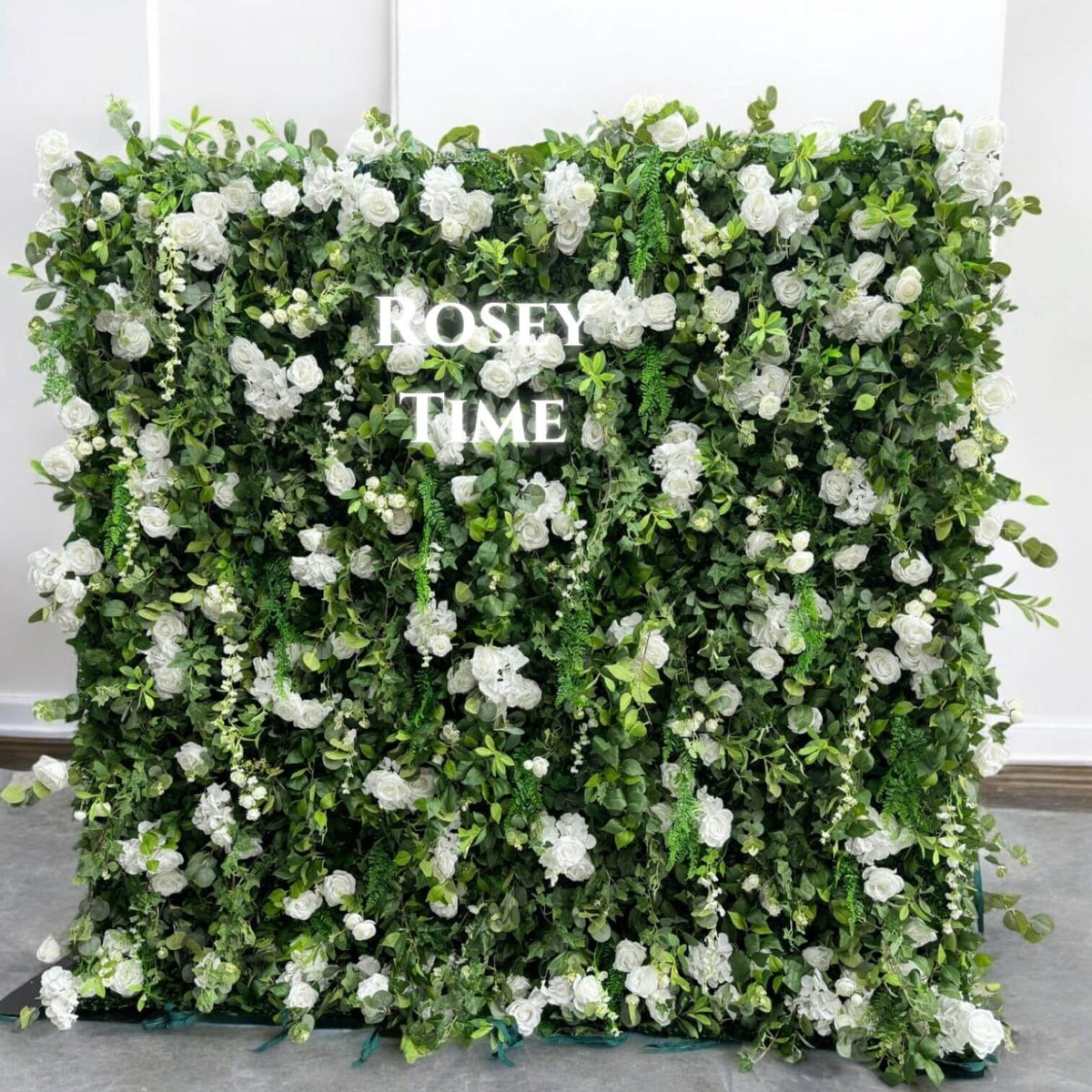 Roseytime 3D White&Green Greenery Flower Wall Roll Up Fabric Back #RTW012