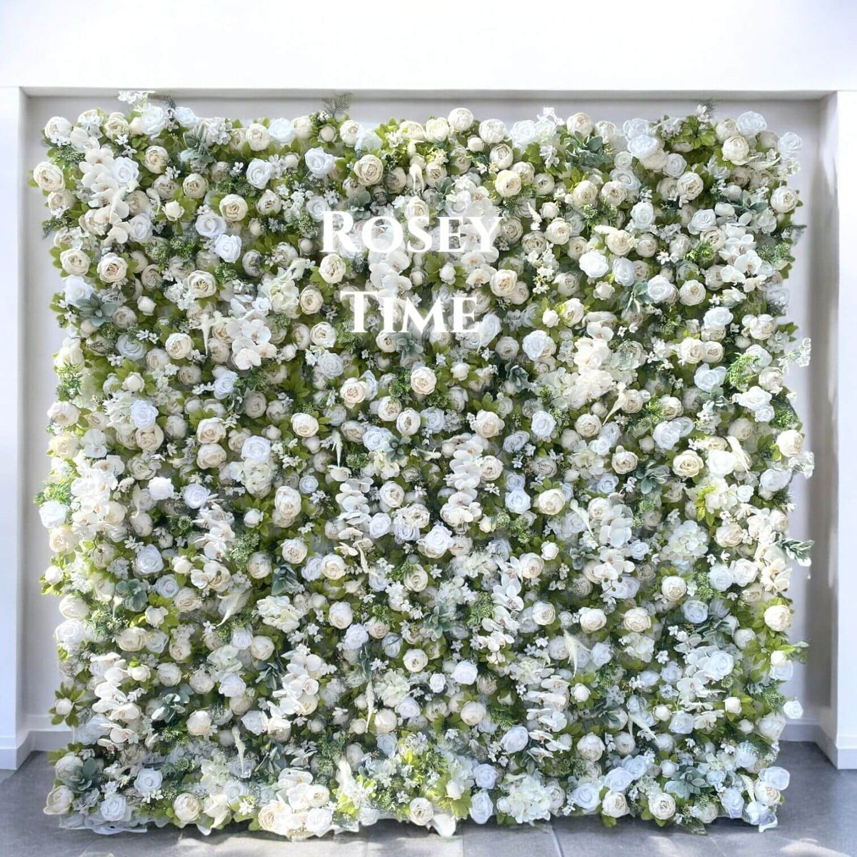 Roseytime 3D White&Green Artificial Flower Wall Roll Up Fabric Back #RTW277